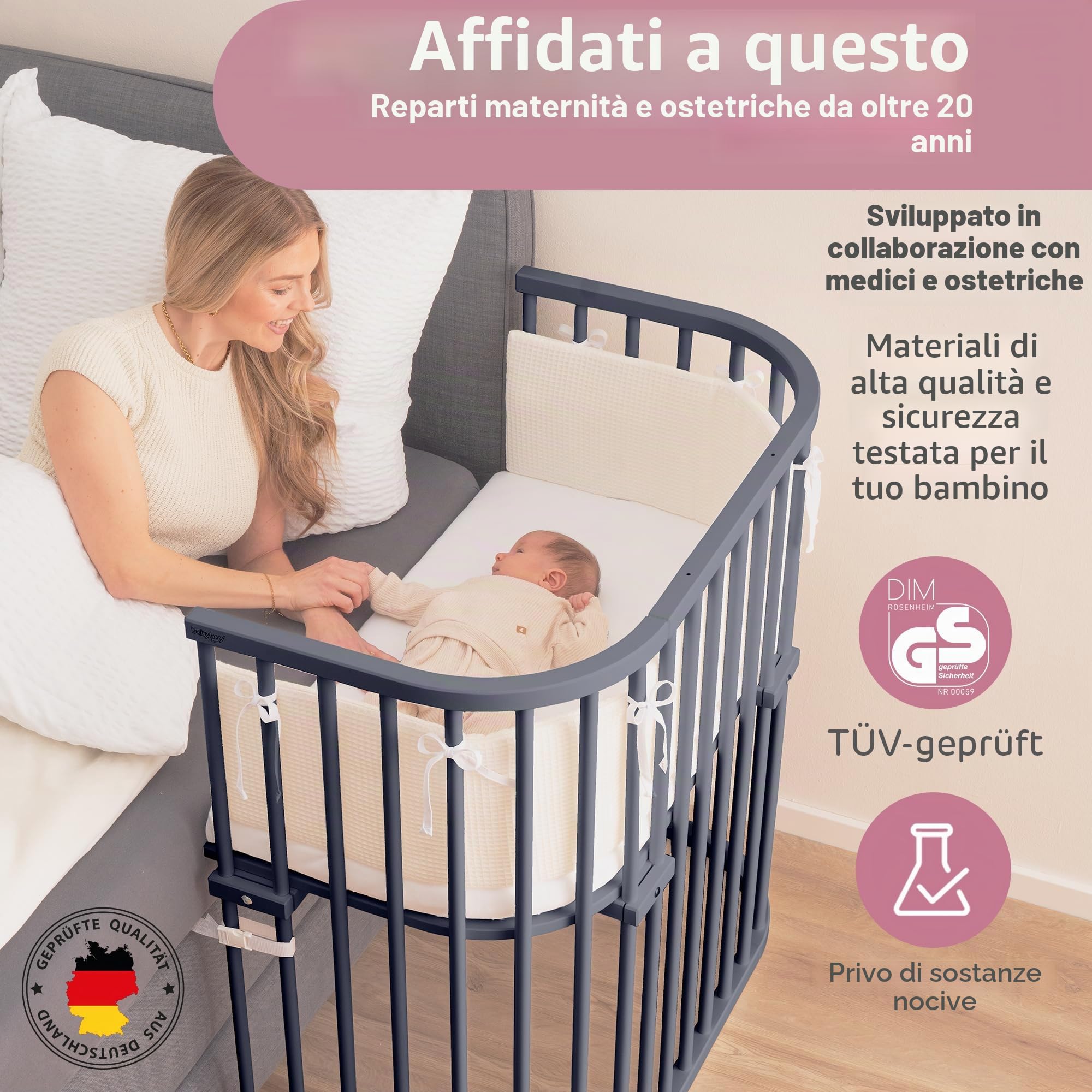 babybay Boxspring Lettino in legno massello di faggio, compatto e trasformabile, altezza regolabile senza livelli preimpostati, lettino per bambini (verniciato grigio ardesia), con materasso, griglia