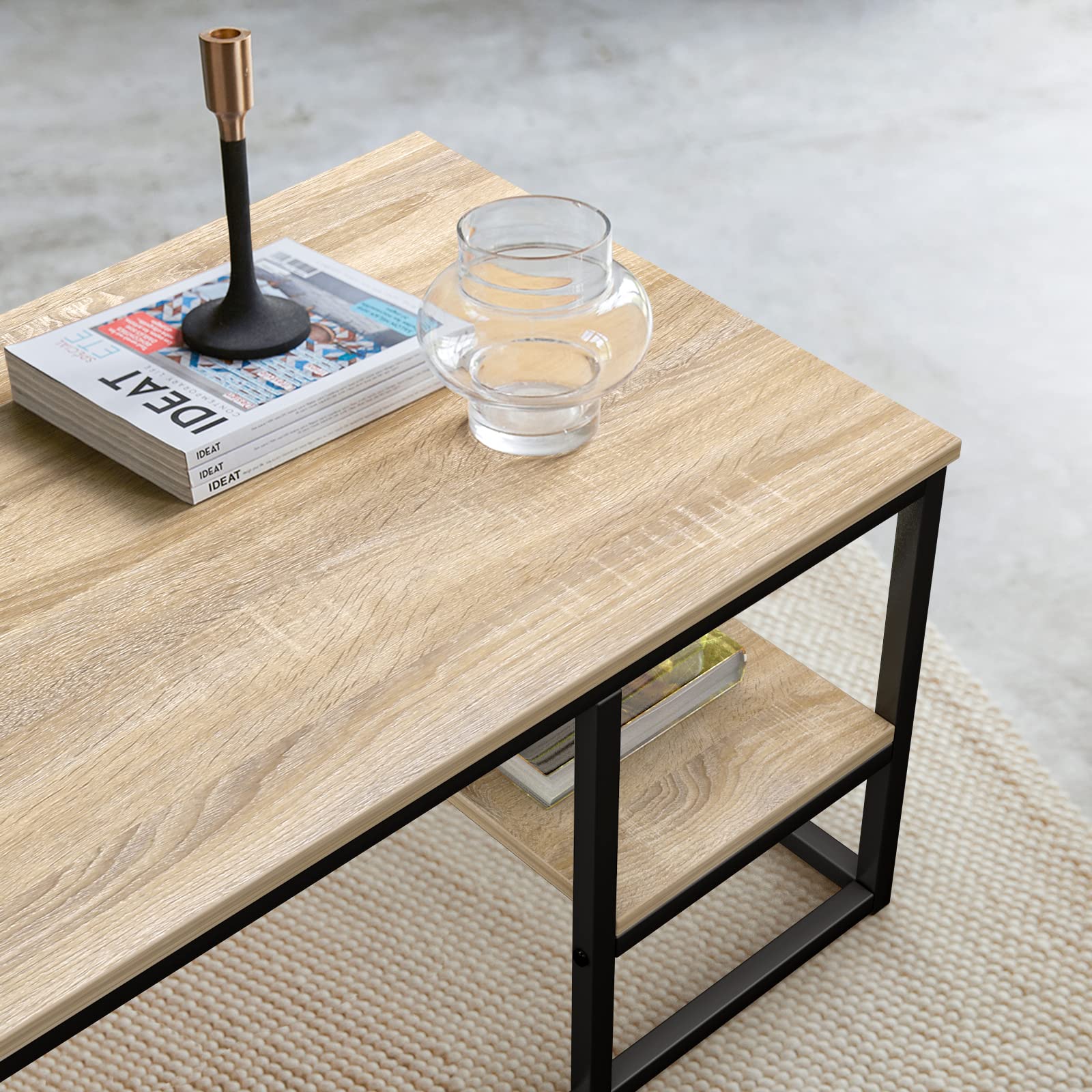 VOWNER Table Basse Salon avec Structure et étagère en Acier, Design Industriel, Style Scandinave, Facile à Assembler, Table de Canapé en Bois, Couleur du Bois