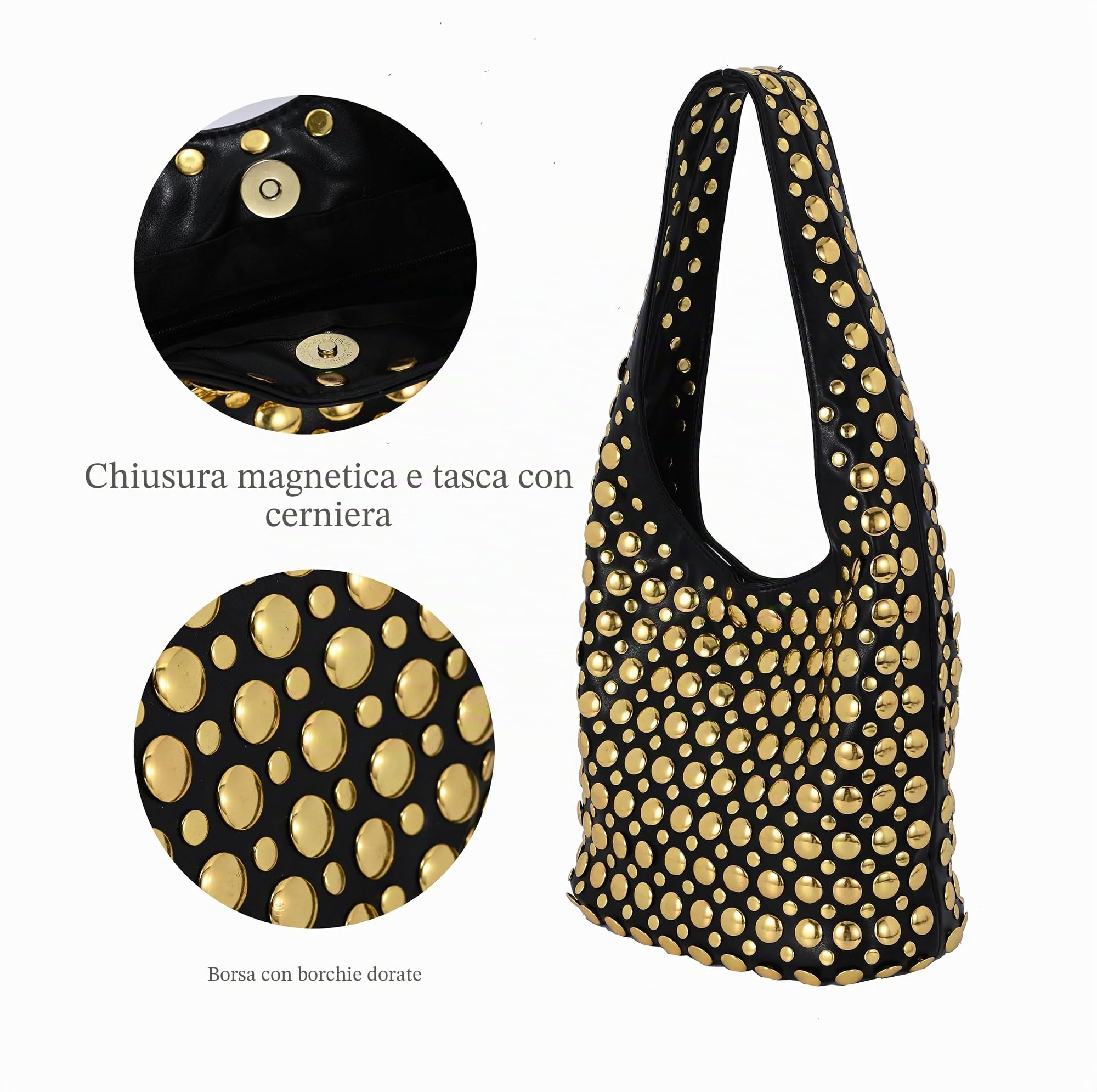 Elegante borsa hobo borchiata Y2K rivetti borsa a secchiello per le donne alla moda piccola borsa a tracolla