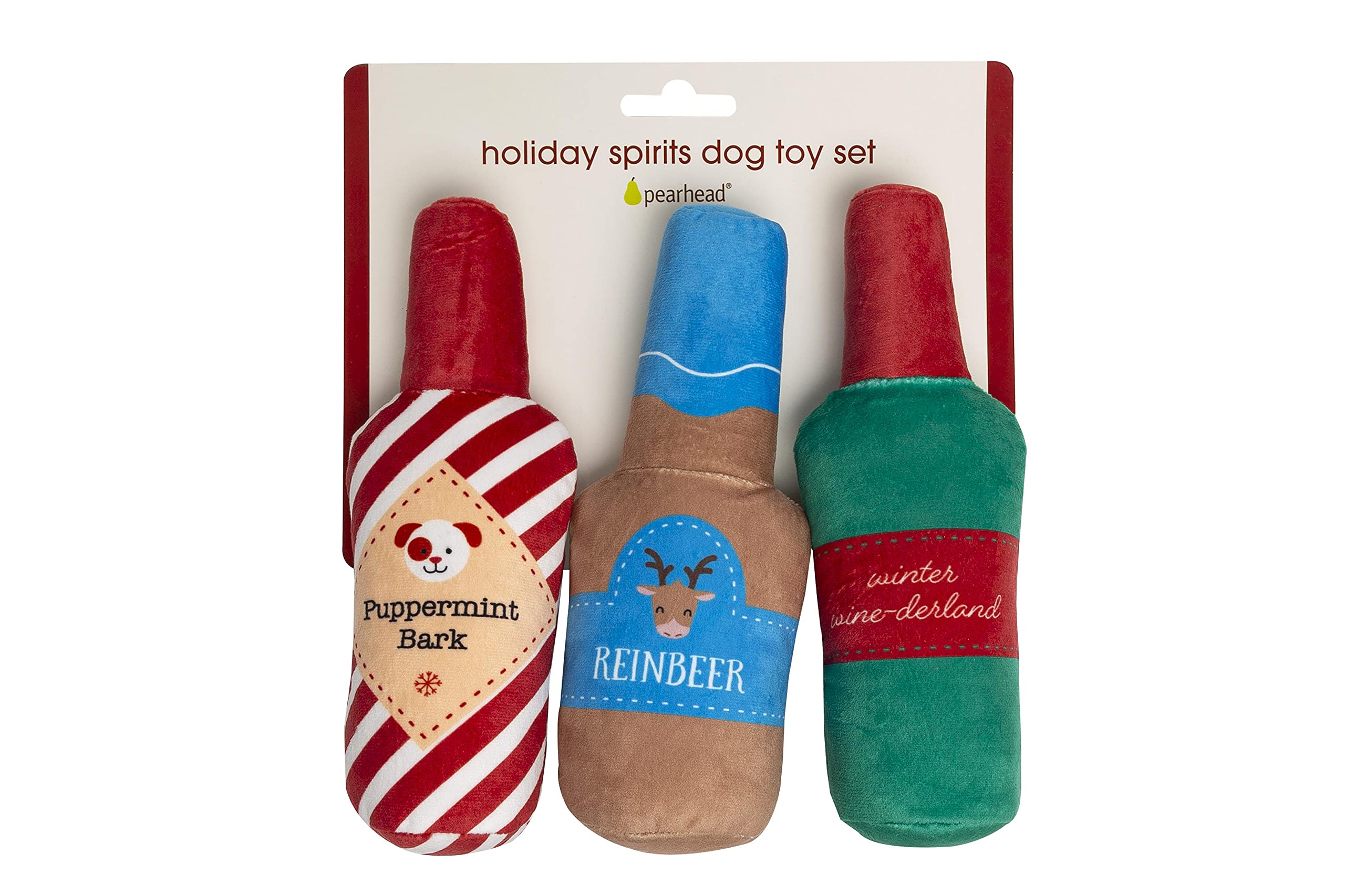 Pearhead Holiday Spirits Hundespielzeug Set, Spirituosen Themed Plüsch Hundespielzeug Quietschendes Hundespielzeug 3er Set