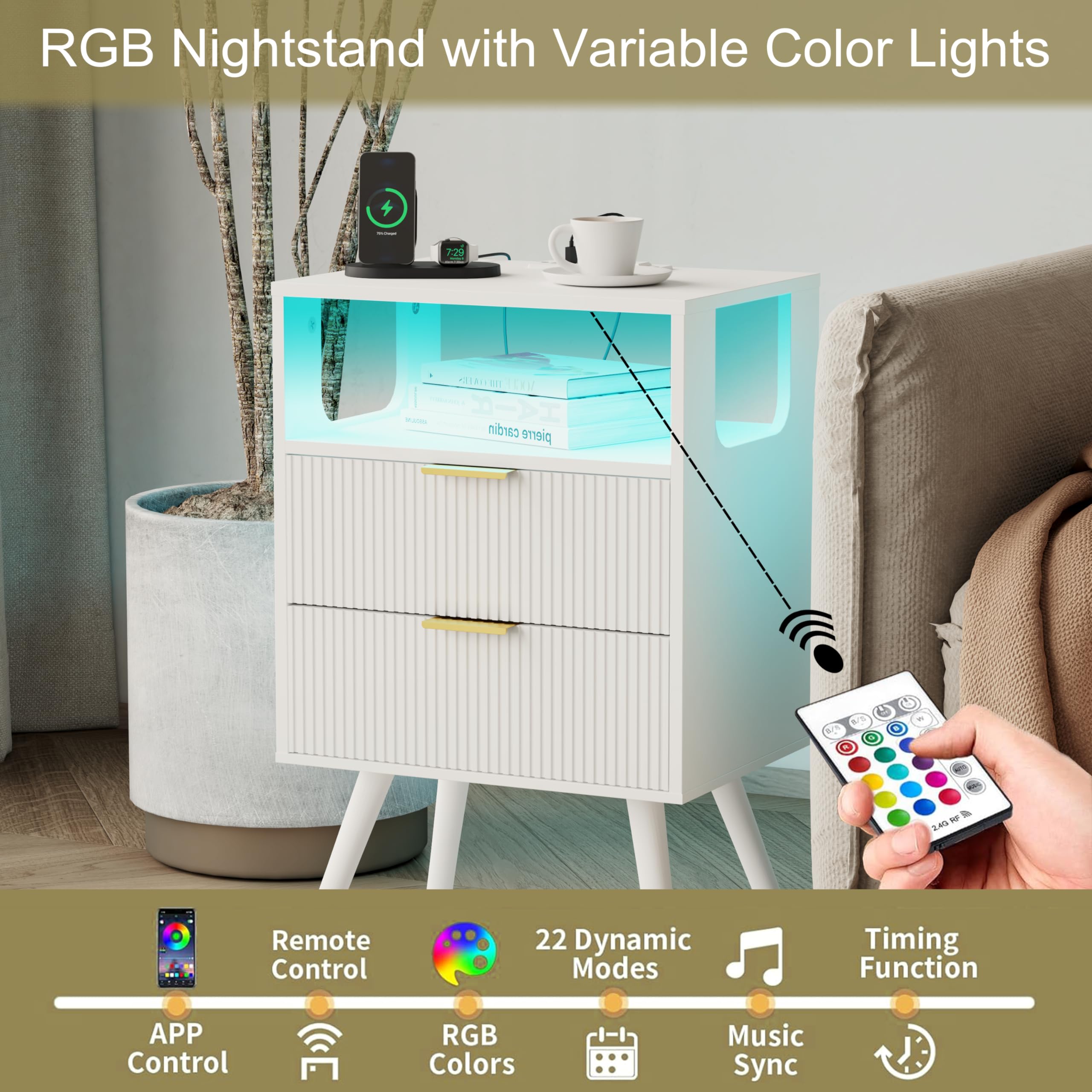 Mesita de noche blanca con estación de carga y luces LED, moderna mesita de noche con 2 cajones de almacenamiento y estante de madera abierta, para dormitorio y espacios pequeños, mesita de 5