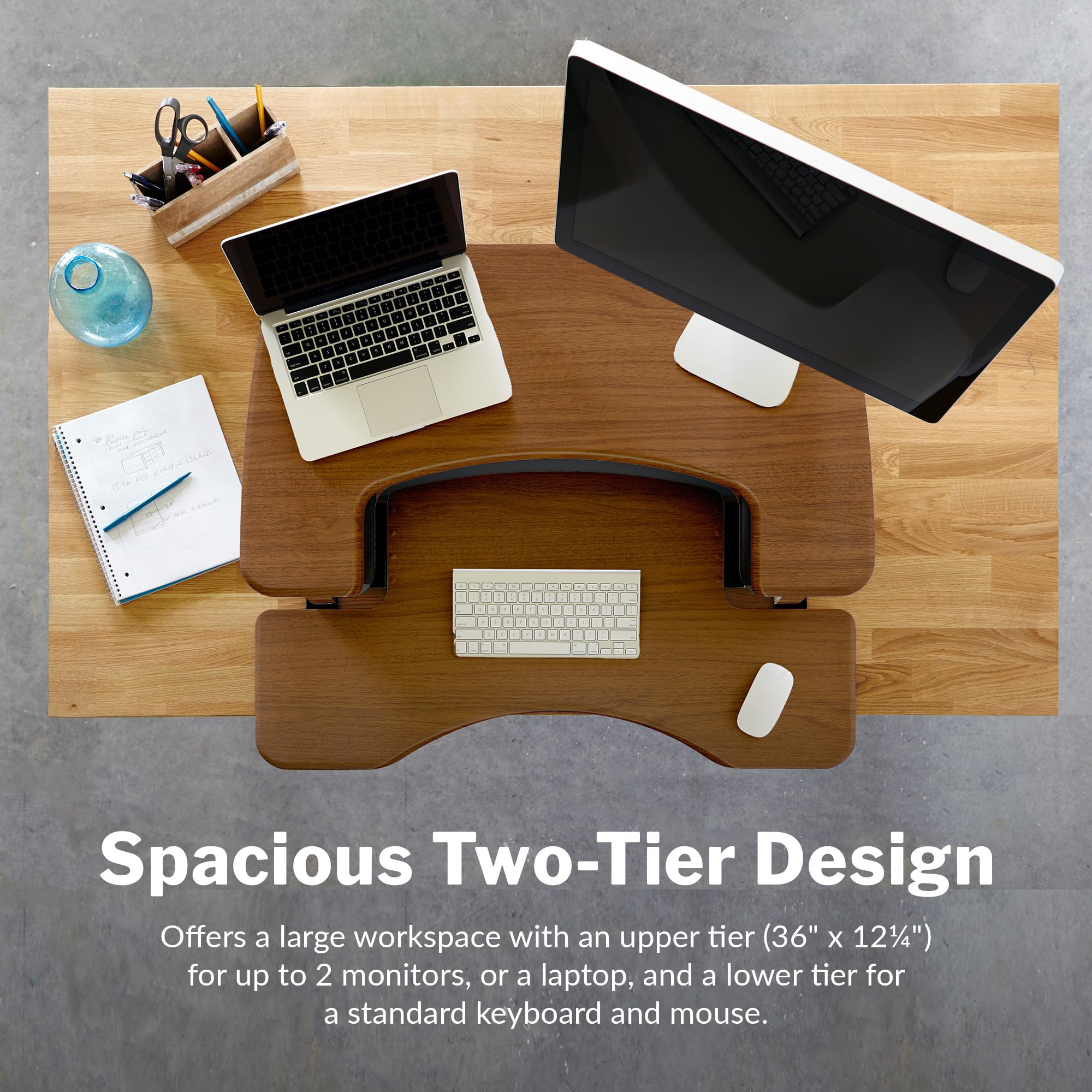 Vari Varidesk Pro Plus 36 Electric Standing Desk Converter – 11 Height Settings + Spring-Loader Lift, 2 Tier Design, Keyboard Tray – Fits Desktops 36” Wide x 26.5" Deep – Fully Assembled (): Walnut 36" Wide