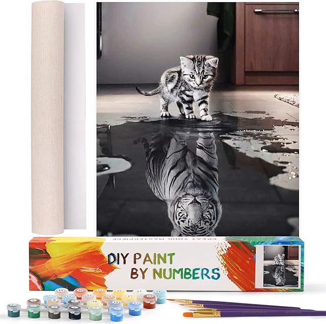 WISKALON Paint by Numbers for Adults Kids Beginner DIY Acrylic Painting by Numbers Kits with Brushes and Acrylic Pigment Home Decoration Gifts - Cat or Tiger 16 x 20 inch (Without Frame)