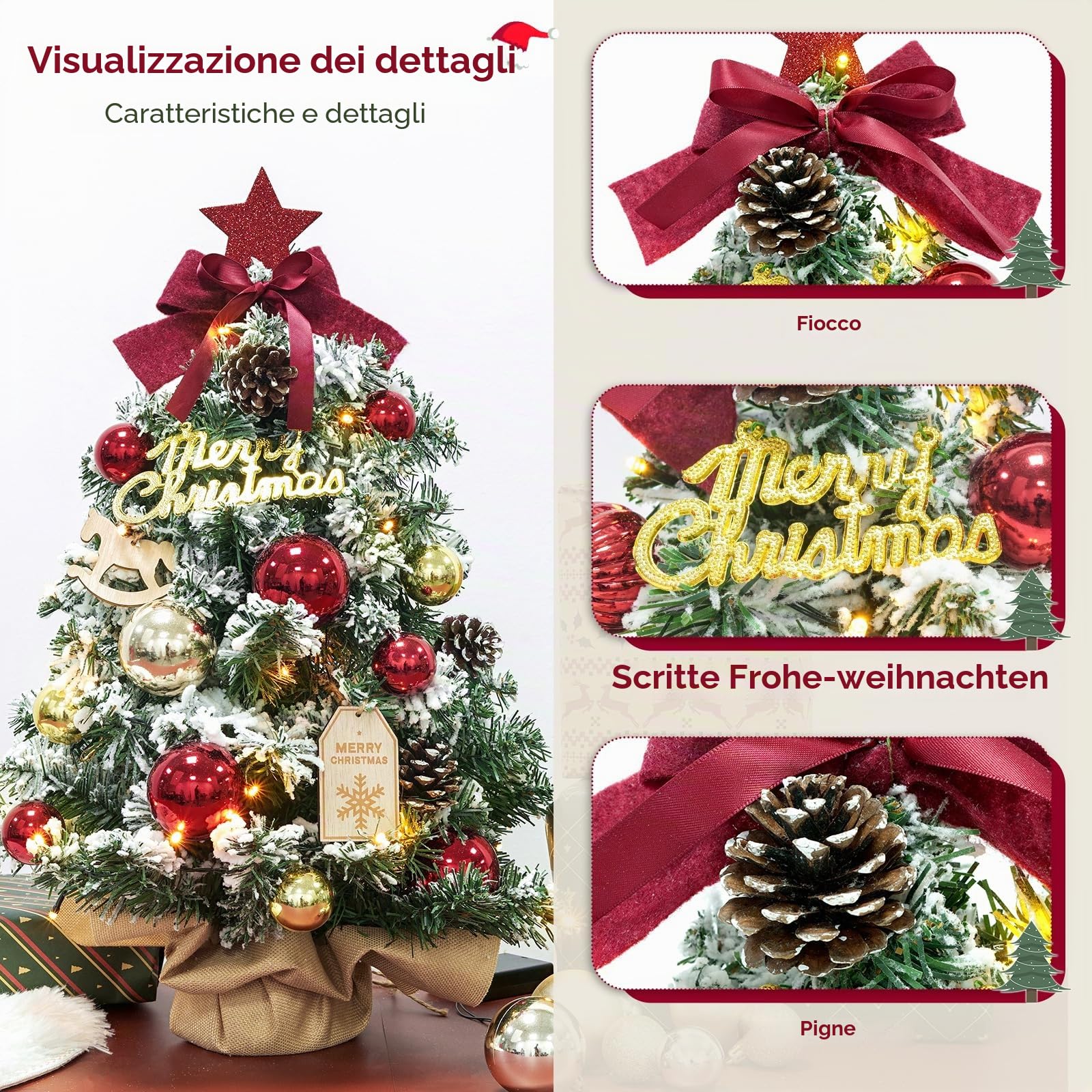 DEWUR Mini albero di Natale piccolo con illuminazione da tavolo a LED, piccolo albero di Natale decorato artificialmente, per decorazioni natalizie (60 cm, rosso con oro), F08-F11
