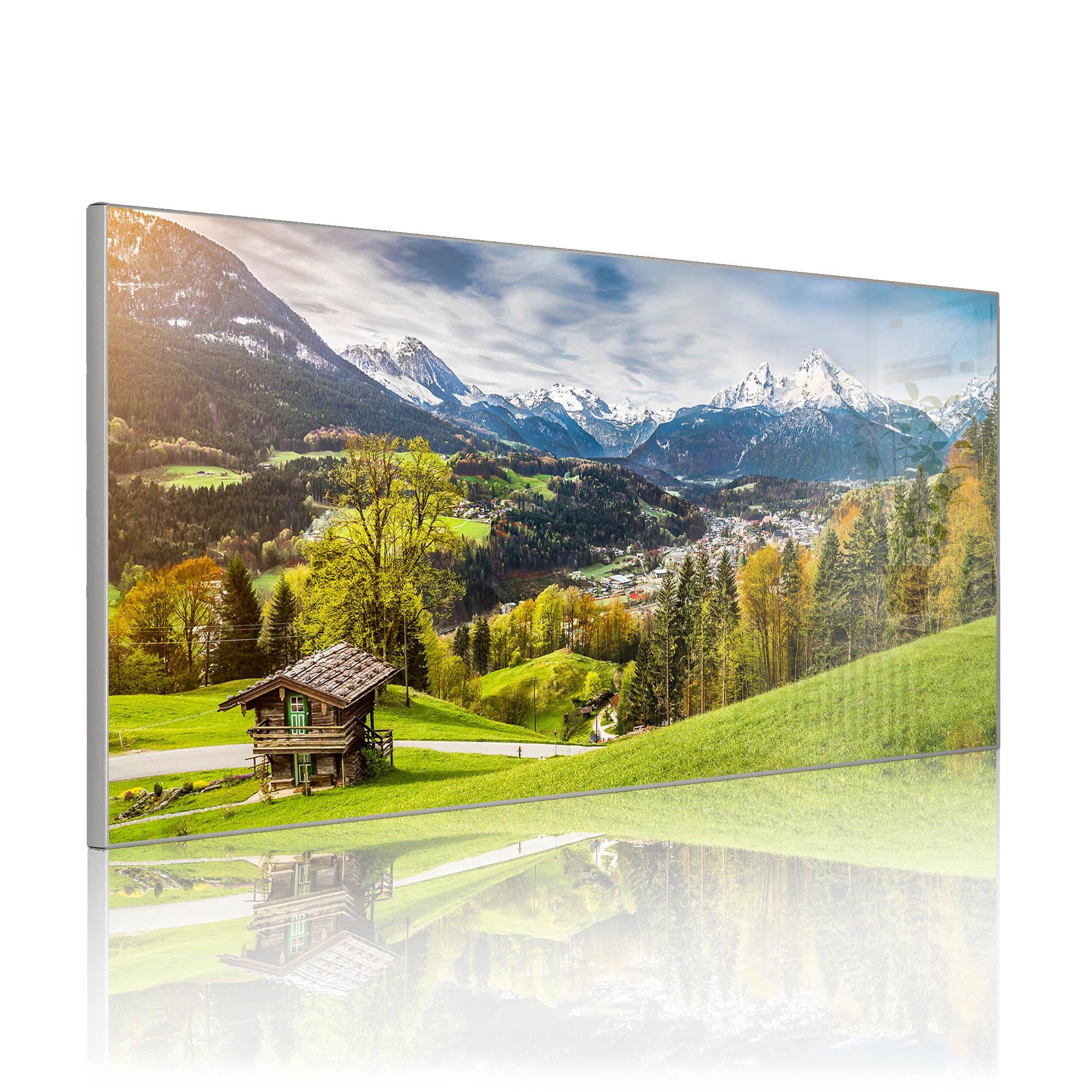 banjado Magnettafel Metall 78 x 37cm - beschreibbare Magnettafel - Metall Pinnwand als Memoboard - Magnetwand Küche, Büro, Kinderzimmer Grau inkl. 4 Magnete & Montageset - Motiv Berchtesgadener Land