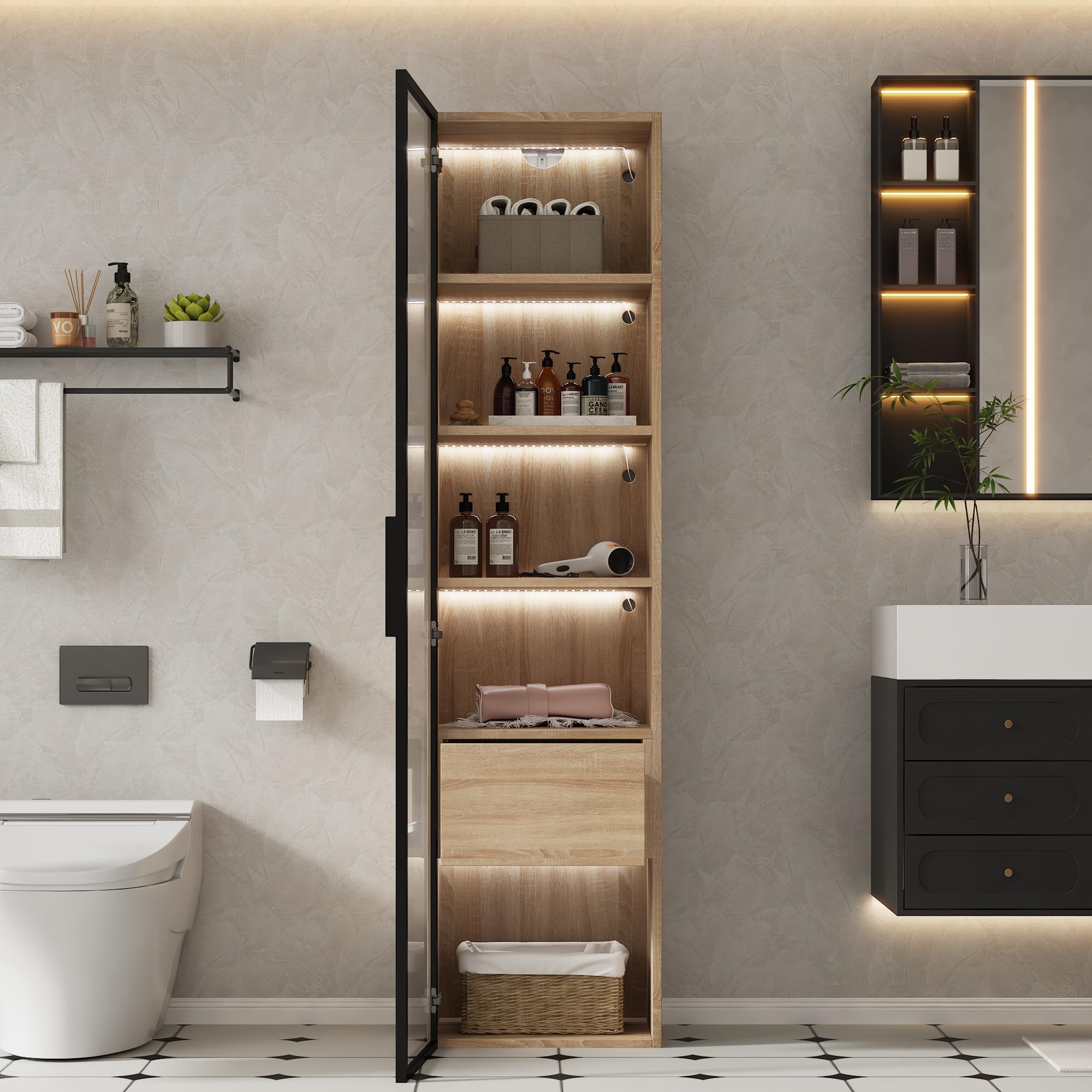 Mueble de baño mediano con barra de luz, 40 cm de ancho, con 1 cajón grande y 1 puerta de cristal