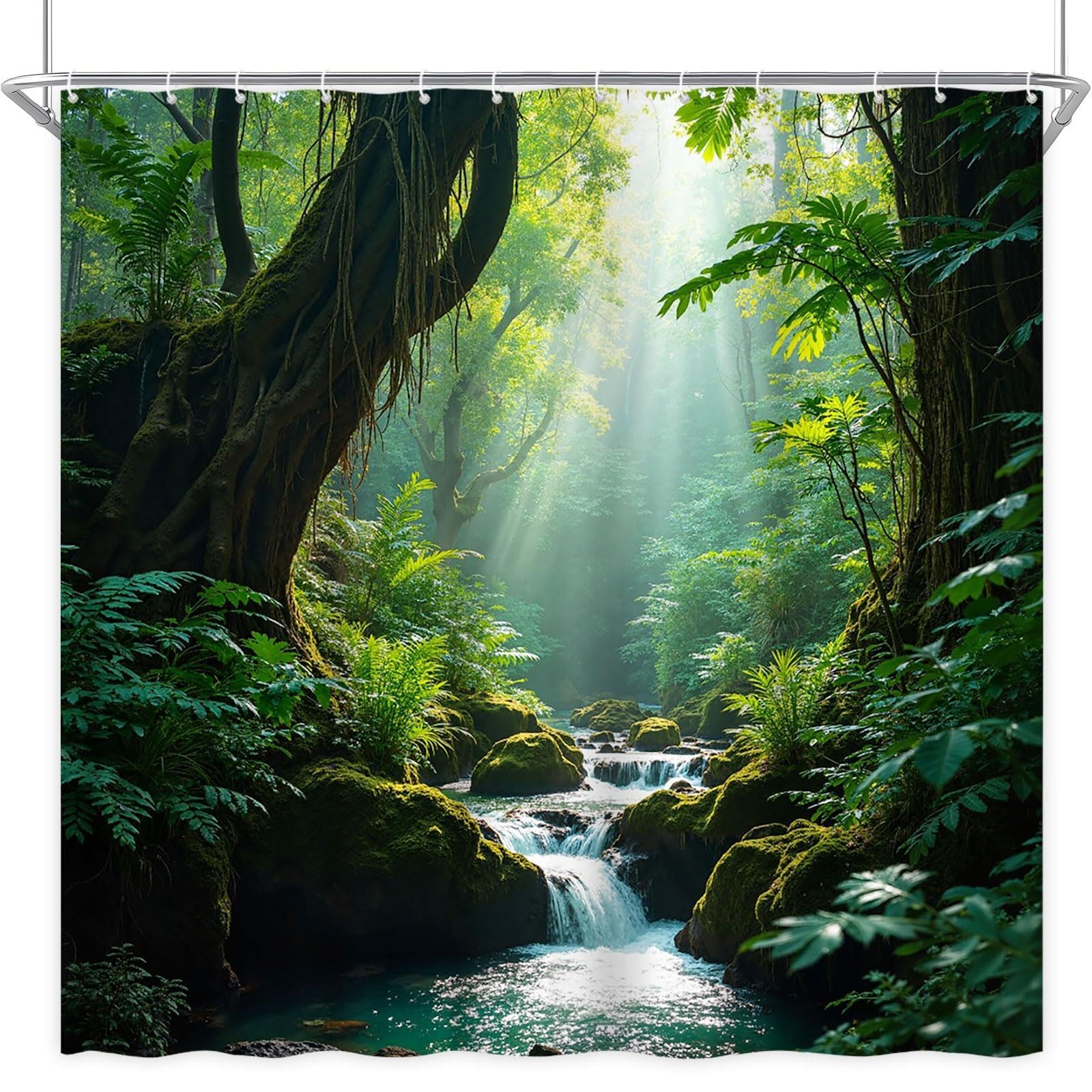 UIYIUI Green Forest Waterfall Shower Curtain 31X71in/80x180cm Primeval Jungle Tropical Rainforest Botanical Mossy Stream Natural Scenery Landscape Bath Curtain Fabric Bathroom Accessories Decor