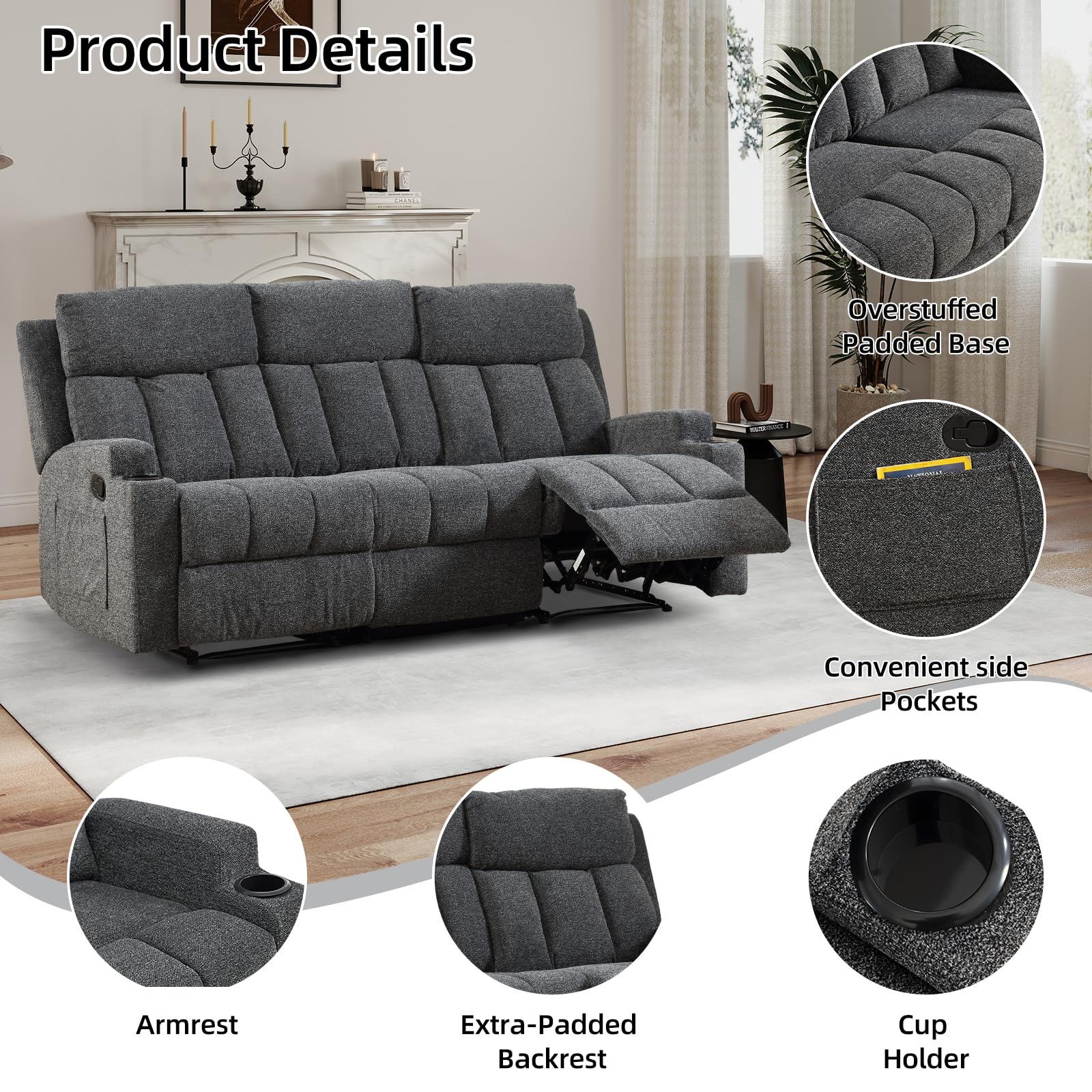 CANMOV Manual Recliner Sofa Set, Fabric Reclining Sofa Chair with Side Pockets and Cup Holders, Living Room Set Includes 3 Seat&Loveseat for Bedroom, Meeting Room, Home Theater, Dark Grey view 3