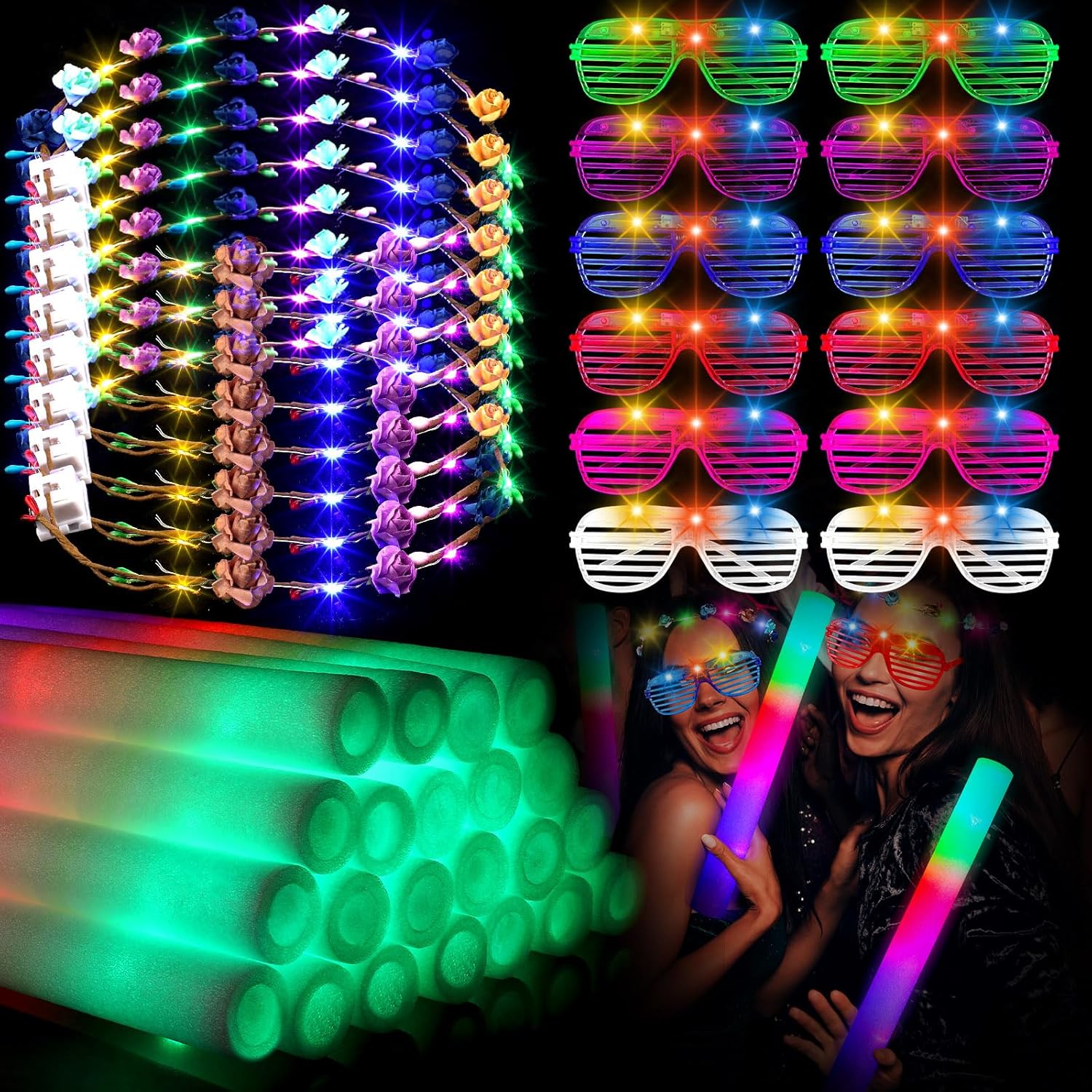 Yaomiao 48 piezas de juguetes de luz LED, recuerdos de fiesta que brillan en la oscuridad, suministros de fiesta con 12 coronas de flores LED, 12