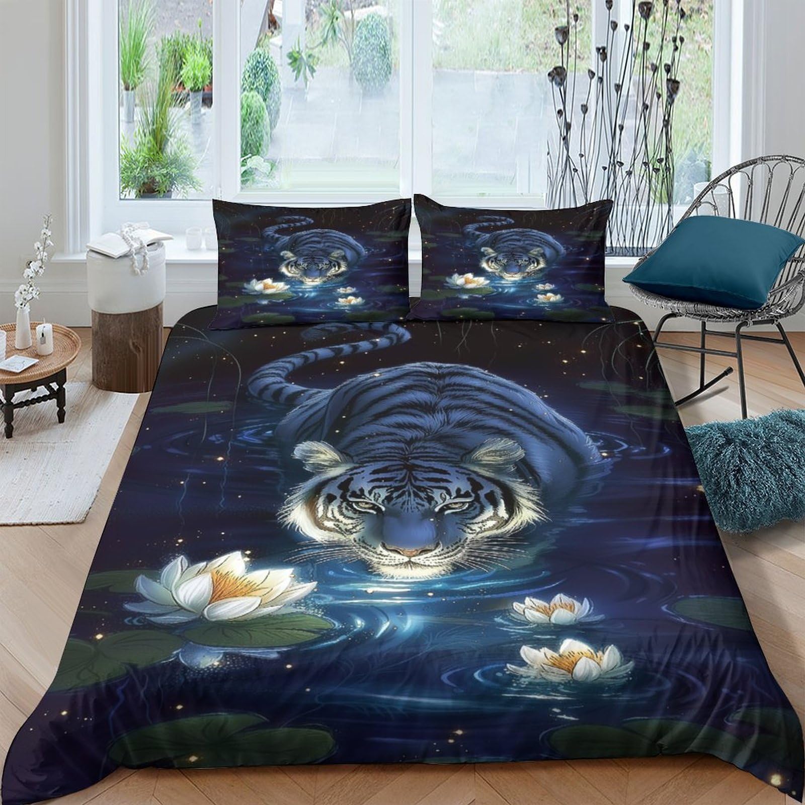 Ctjqhvkz Style-4 3D Printed Night Water Tiger Fitted Sheet Microfiber Soft Bedroom Decor Lotus Pond Mattress Cover For Home Guest Room Single（135X200cm）