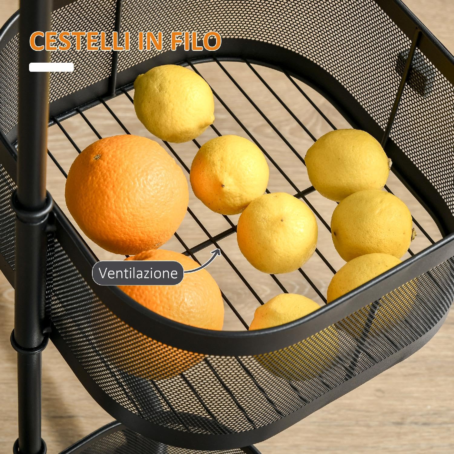 Carrello Cucina Portafrutta, Multiuso, in Acciaio e Plastica, 33x33x77 cm, Nero