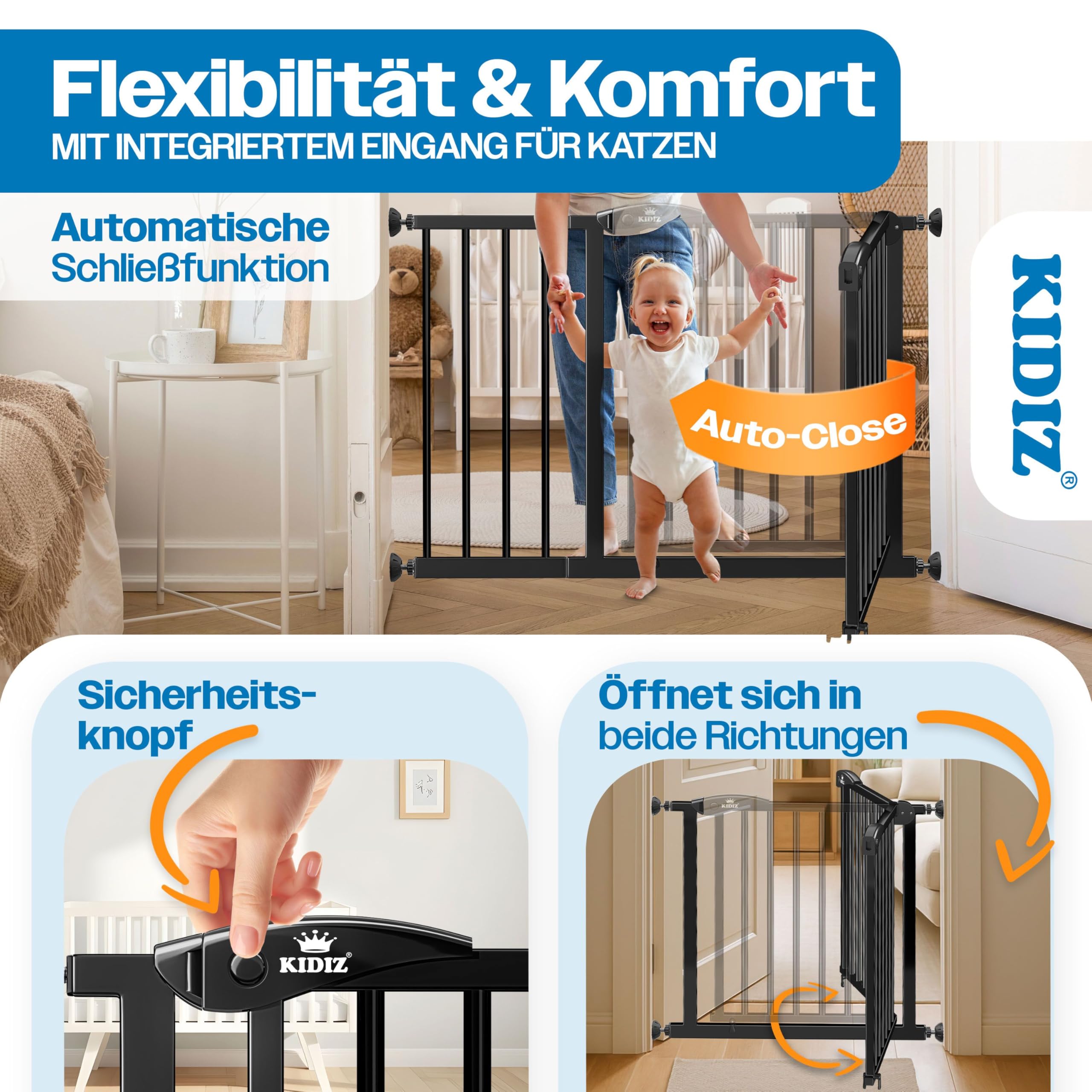 KIDIZ Barrière de sécurité d'escalier sans perçage | Largeur réglable : 88-94 cm, hauteur 75 cm, Barrière de sécurité de porte et barrière pour enfants et chiens, ouverture d'une seule main, système
