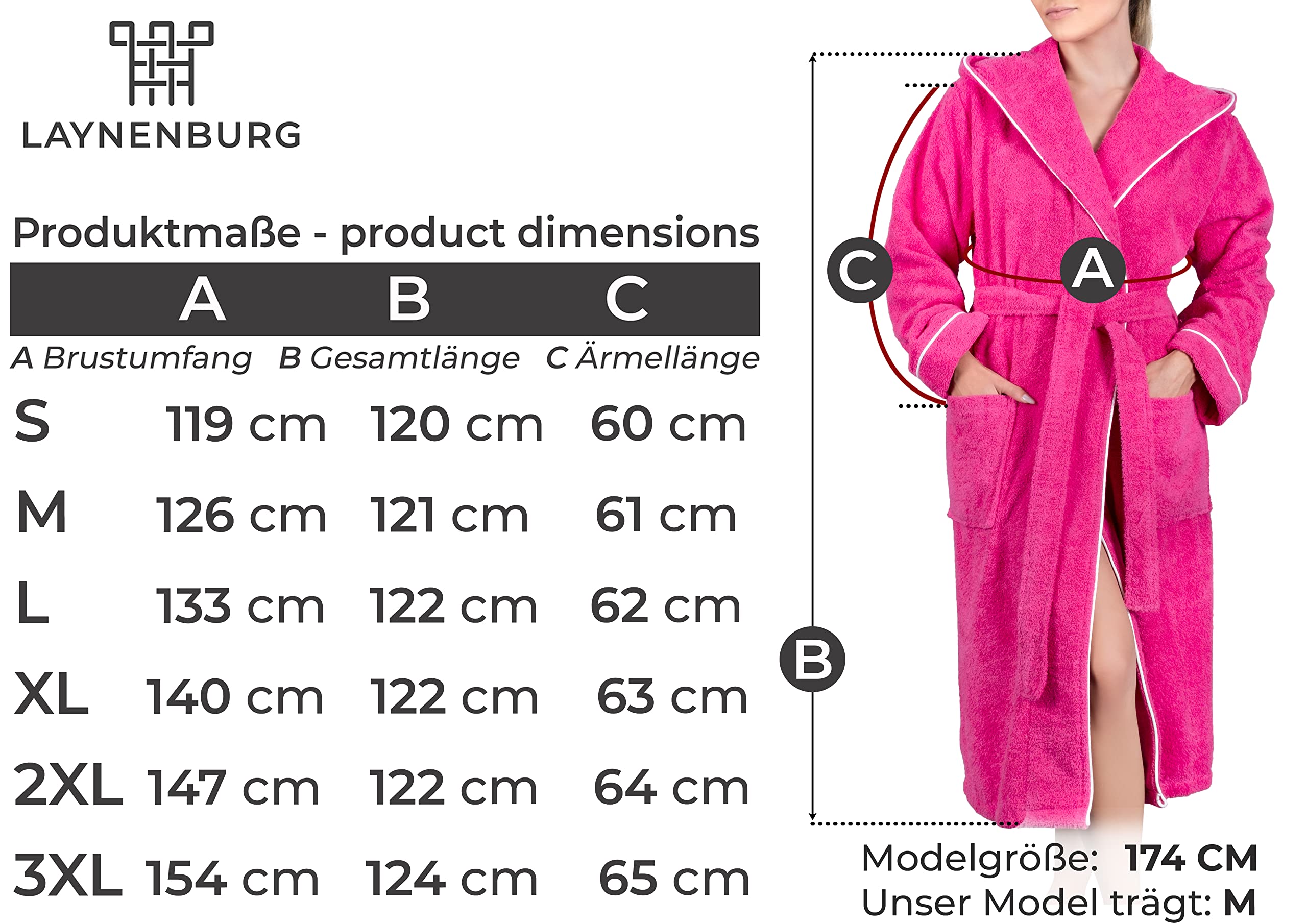 LAYNENBURG Albornoz de Señora - Capucha - largo - 100% Algodón (360g/m2) - OEKO TEX Standard 100 - Tallas S, M, L, XL, XXL, 3XL