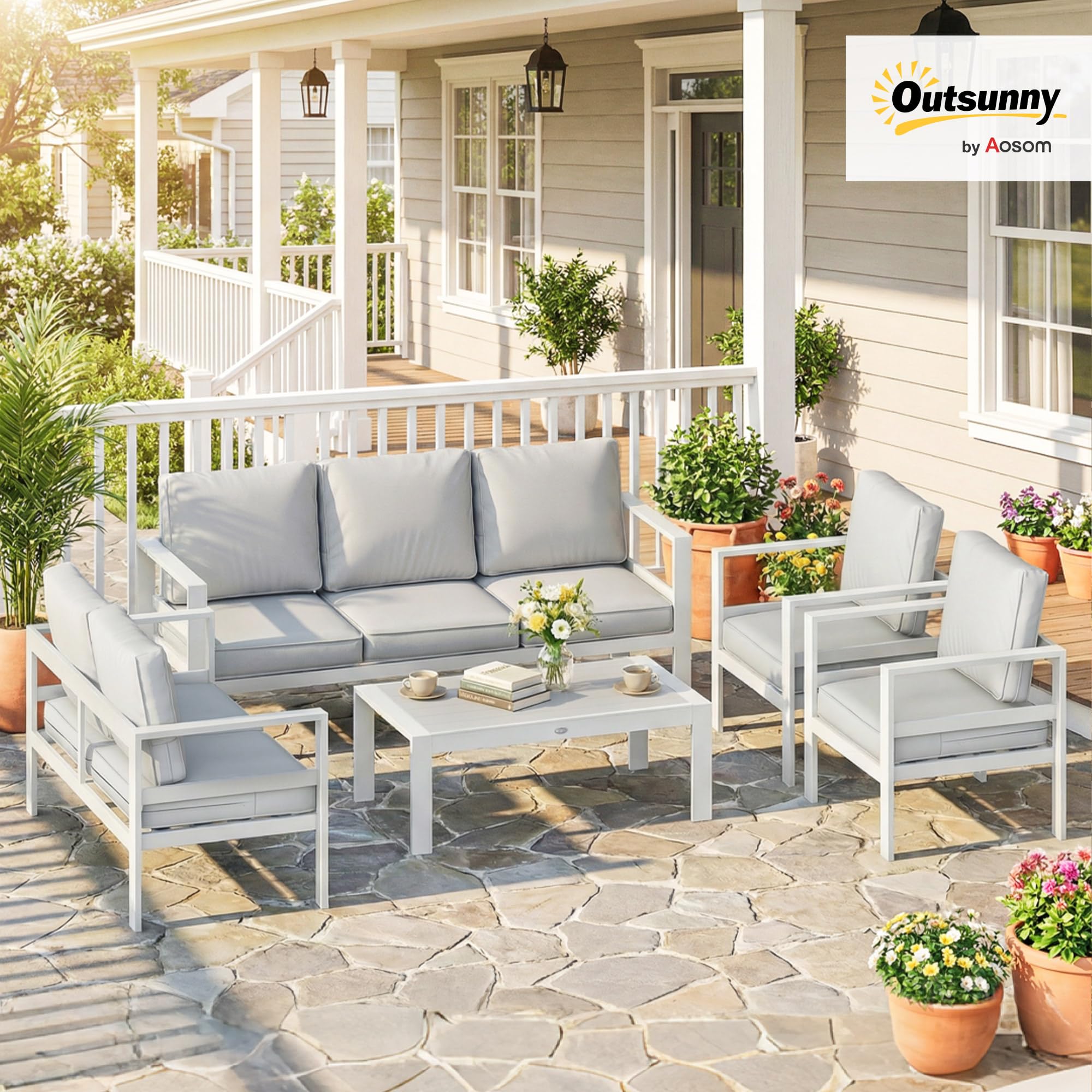 Outsunny Set Salotto da Giardino 5 Pezzi in Alluminio Divano Bianco