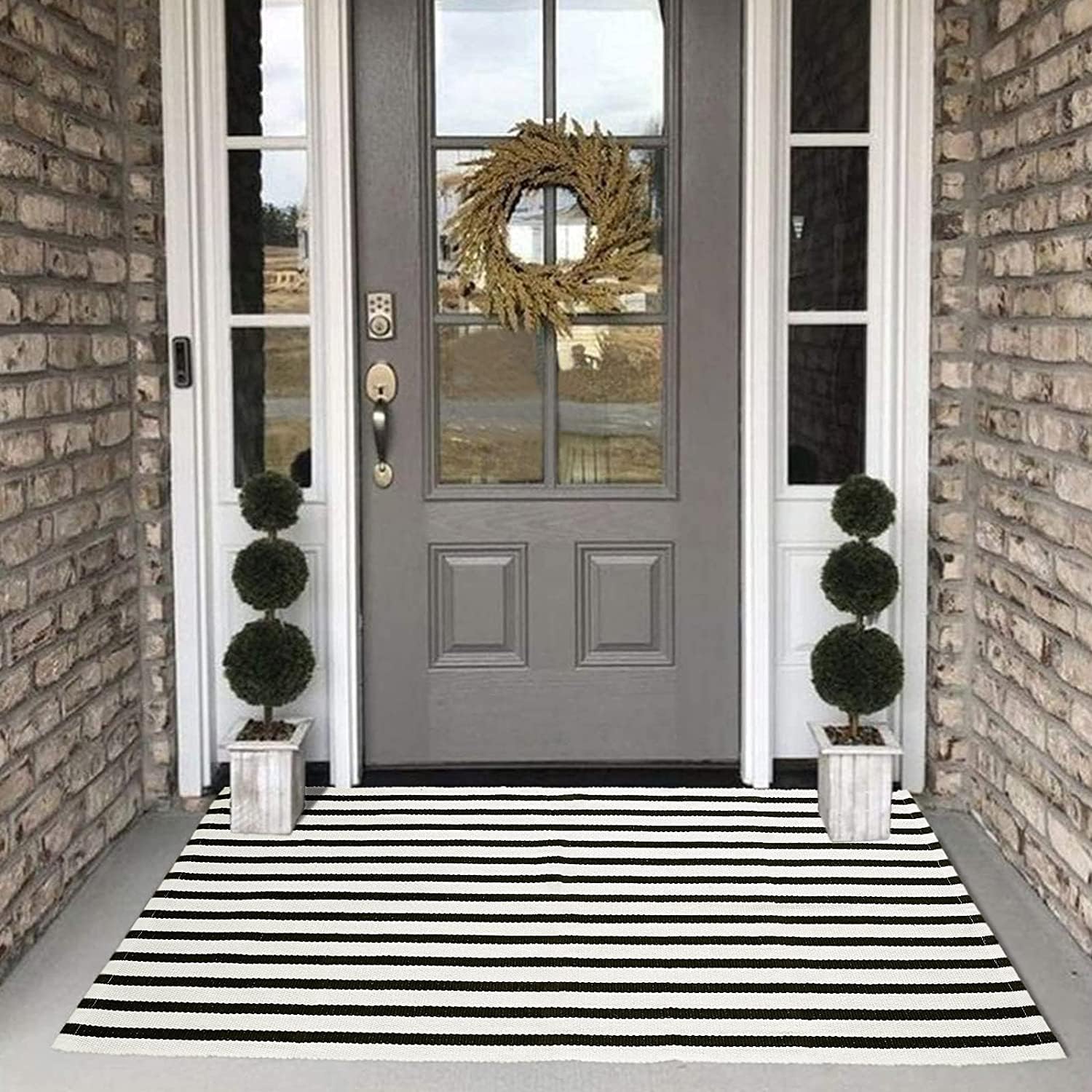 Collive Black and White Rug 3x5, Washable Outdoor Rug for Porch Cotton Woven Farmhouse Indoor Outdoor Rugs, Layered Welcome Door Mat, Floor Throw