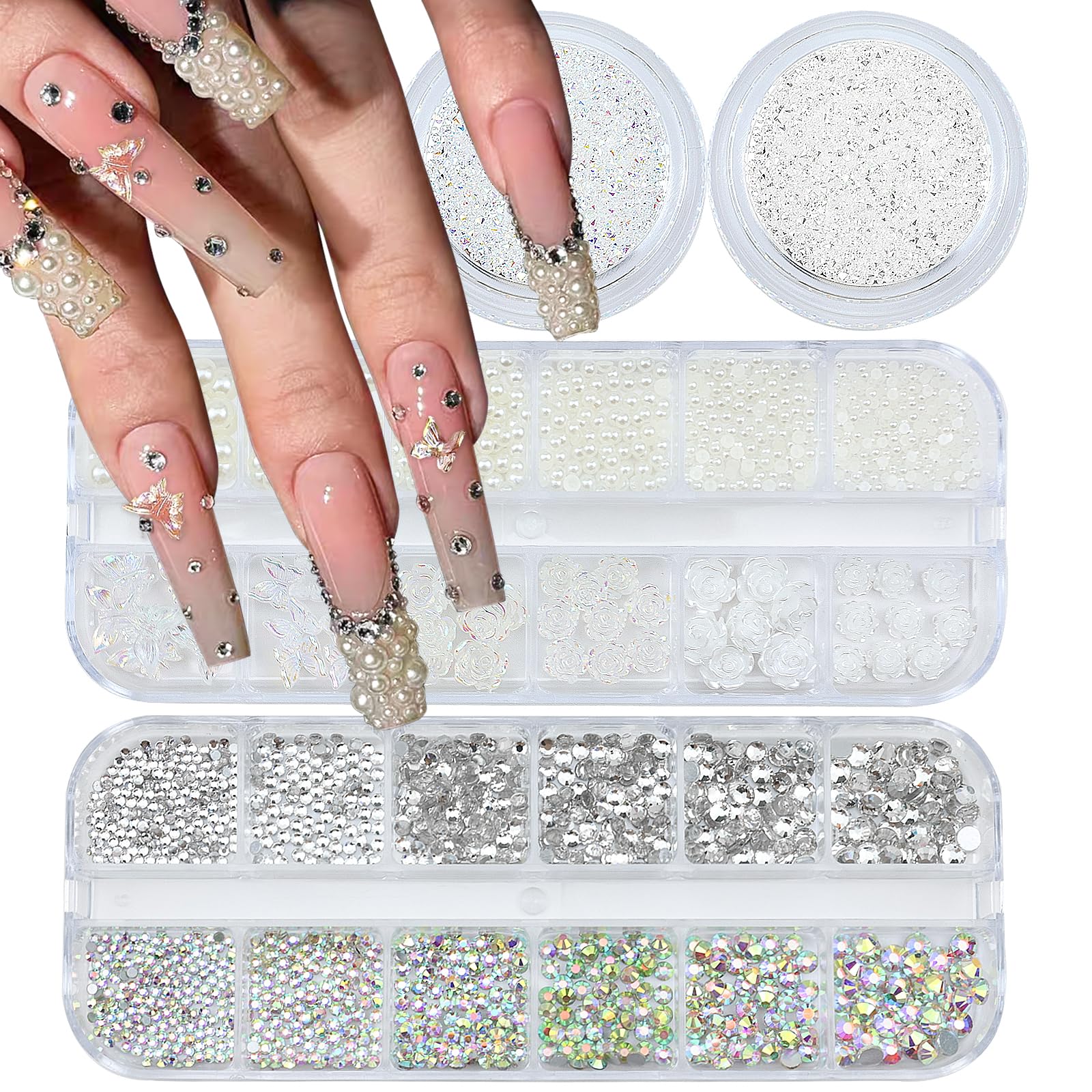 4 Boxes Nail Rhinestones and Pearls Nail Charms, 11000 PCS Crystals Nail Gems and Rhinestones for Nails, Nail Jewels Nail Art Supplies Luxurious Nail