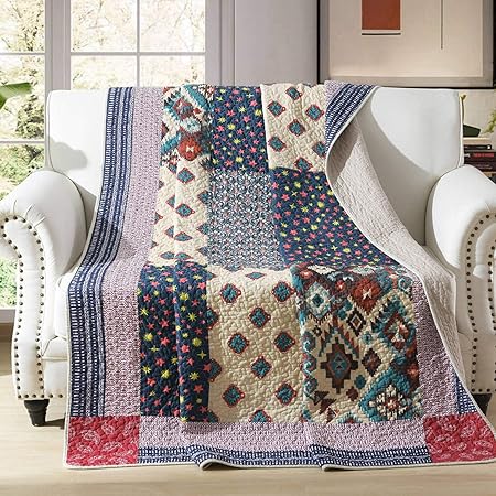Amazon Com Vivilinen Quilted Throw Blanket 100 Cotton Reversible Vintage Floral Patchwork Bedspreads Coverlets Throws Quilt For Couch Sofa Twin Bed Orange Pink 150x200cm Kitchen Dining