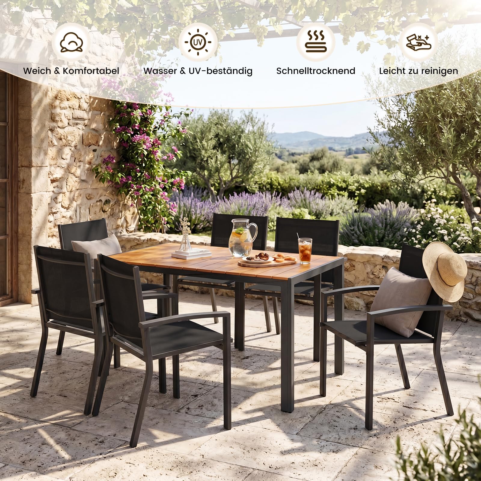 UDPATIO Wetterfest Gartenmöbel Set 7-TLG, Aluminium WPC Gartentisch + 6er Gartenstühle Stapelbar mit Armlehnen, Terrassenmöbel Balkonmöbel für Garten,Terrasse,Veranden, Teakbraun + Schwarz
