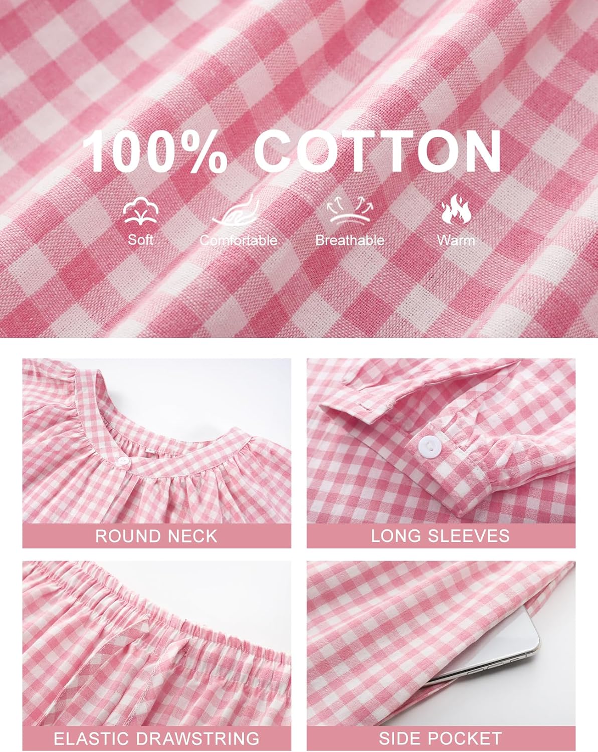 PEHMEA Women's Gingham Cotton Pajama Set Cute 2 Piece Plaid Ruffle PJs with Long Pants Button Down Top for Lounge Sleepwear - Image 6