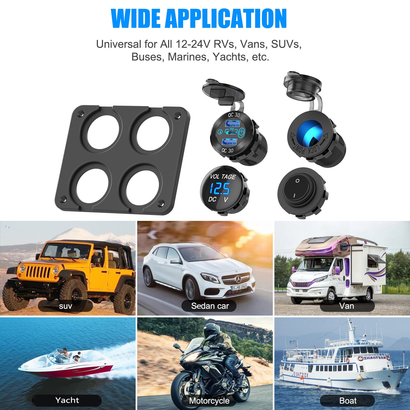 Presa USB 12Volt Accessorio per camper Pannello interruttore marino 12V, Doppio caricatore di alluminio con porta USB PD30W e QC18W, Presa accendisigari 150W, Voltmetro blu e interruttore a bilanciere