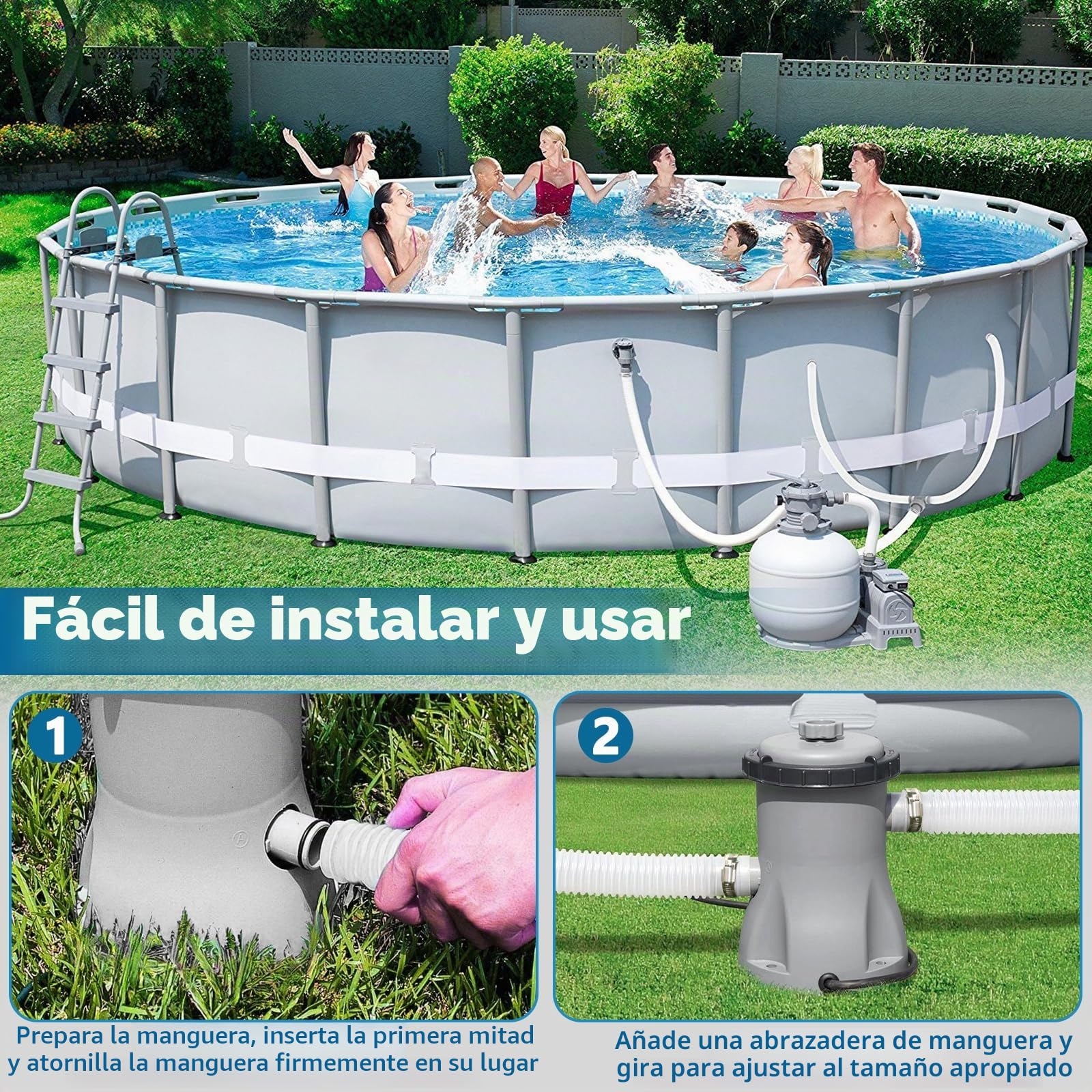Amzeeniu 2 Piezas Manguera de Repuesto para Piscina 32mm,Repuesto Manguera de Bomba Piscina,para Piscinas Elevadas,con 4 Abrazaderas de Metal(1,5 M)