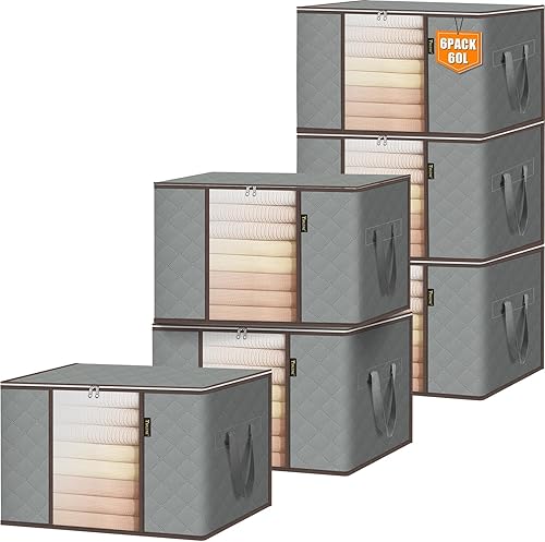 BALEINE Paquete de 6 bolsas de almacenamiento de ropa, contenedores de almacenamiento de 16 galones con asa reforzada, cremallera resistente,