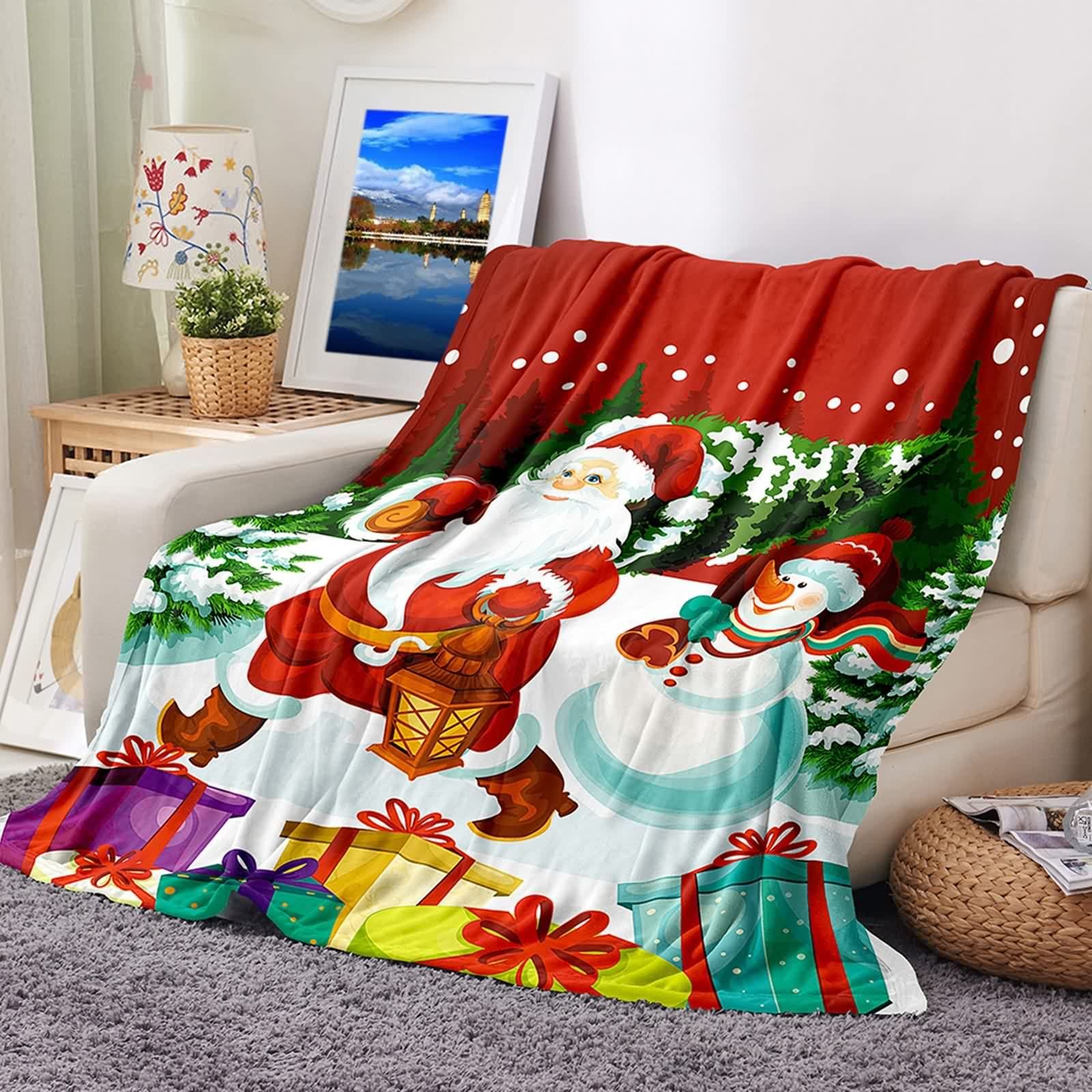 ANAZOZ Flannel Blankets King Size,Blanket Throw Santa Claus and The Snowman Green Red 160x200cm Bedroom Blanket