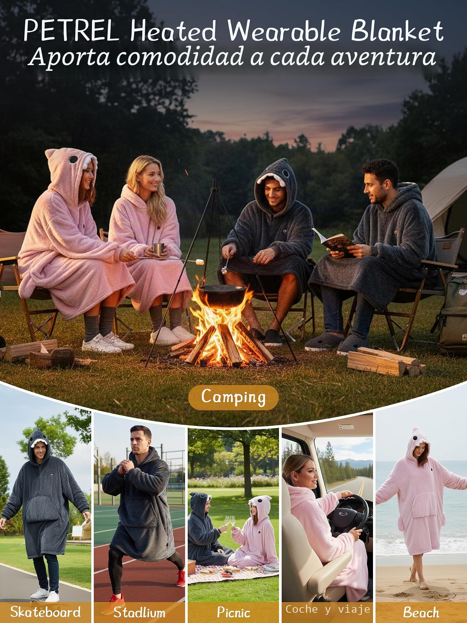 Vofuoti Manta Térmica Ponible con Capucha y Batería, 7.4V Manta Eléctrica de Franela Inalámbrica con Capucha, Cómoda Manta Eléctrica de Gran Tamaño para Interiores, Exteriores, Camping, Viajes