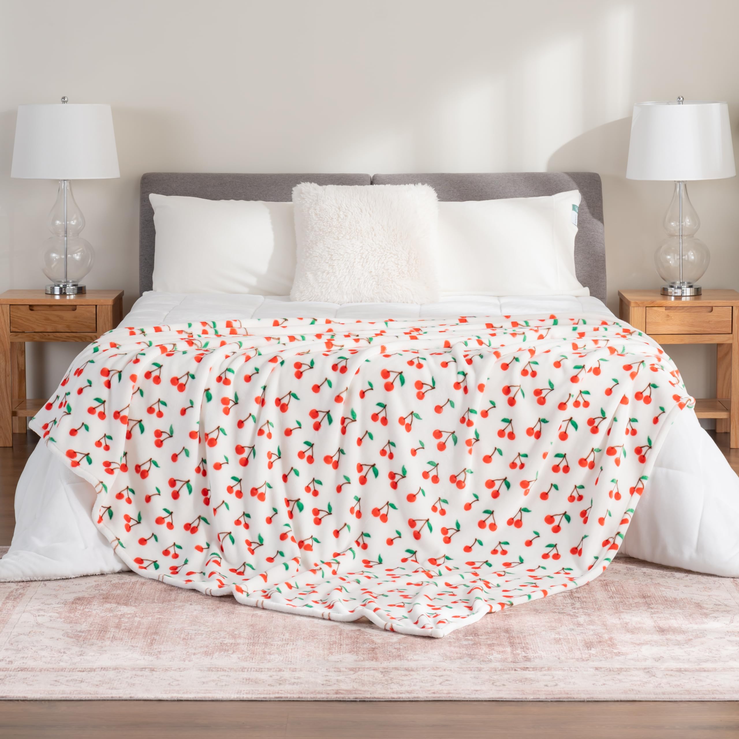 Berkshire Blanket-Classic Heavyweight Soft Printed VelvetLoft?« Plush Blanket, Full/Queen Size Soft Fuzzy Warm Blanket for Couch Sofa Bed, Cherries Toss White, 90in x 90in