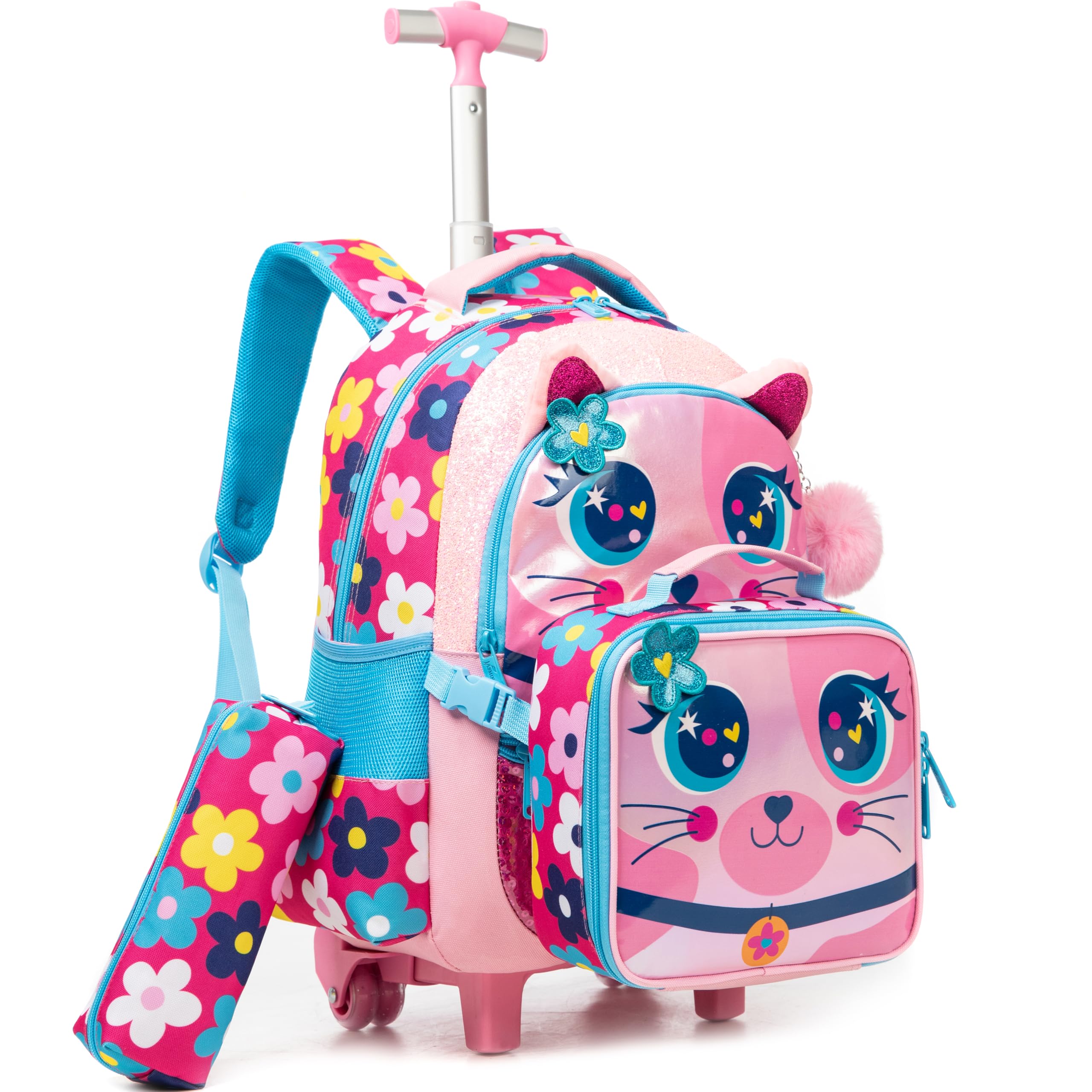 Meetbelify Rolling Backpack for Girls Backpacks with Wheels for Elementary Preschool Students Kids 3 in 1 Travel Luggage Carry on Suitcase with Lunch Box Pencil Case for Girls Age 8-10
