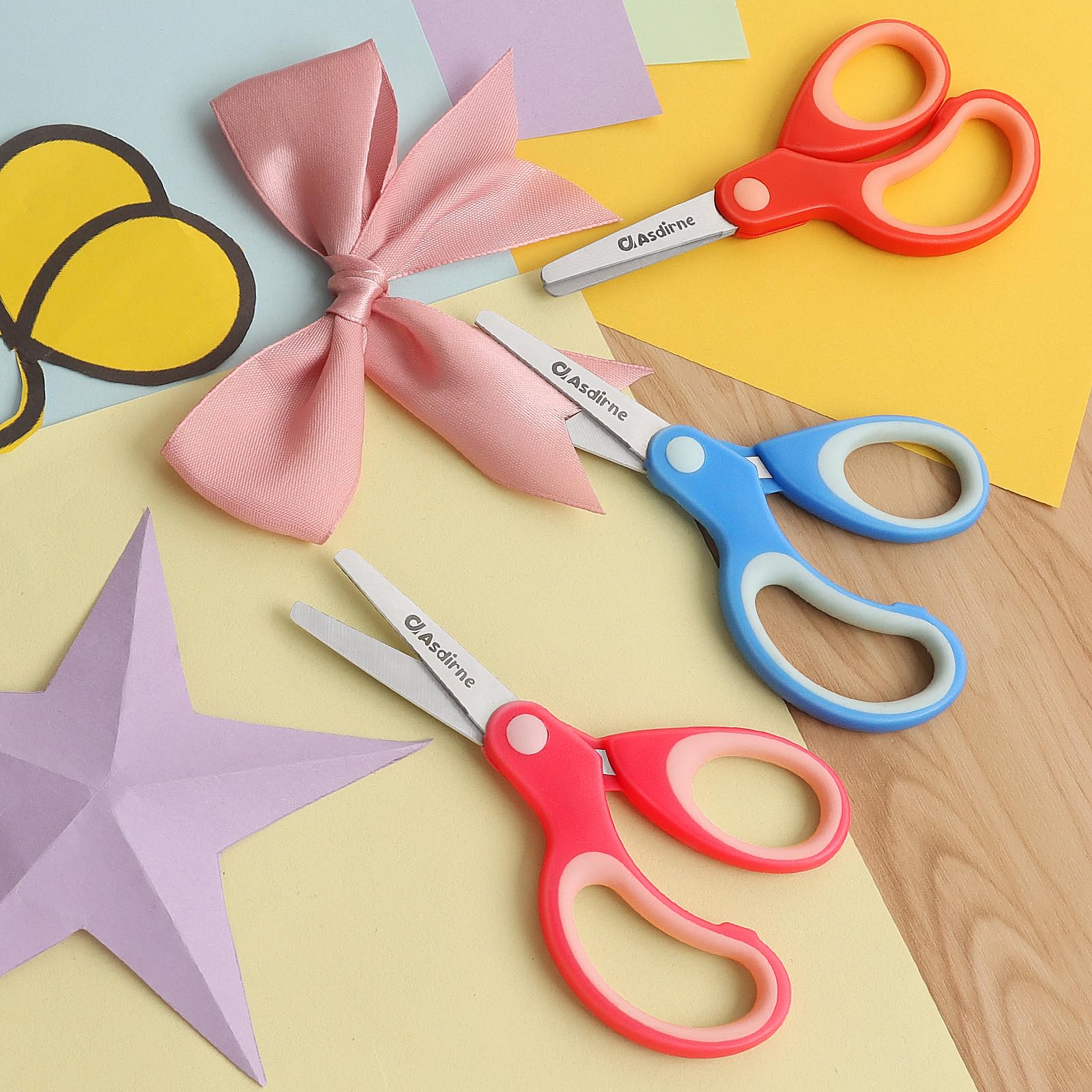 Asdirne Forbici per bambini sinistre, forbici di sicurezza per bambini, forbici artigianali con punta smussata lame in acciaio inossidabile e impugnatura morbida, 13,5 cm, confezione da 3