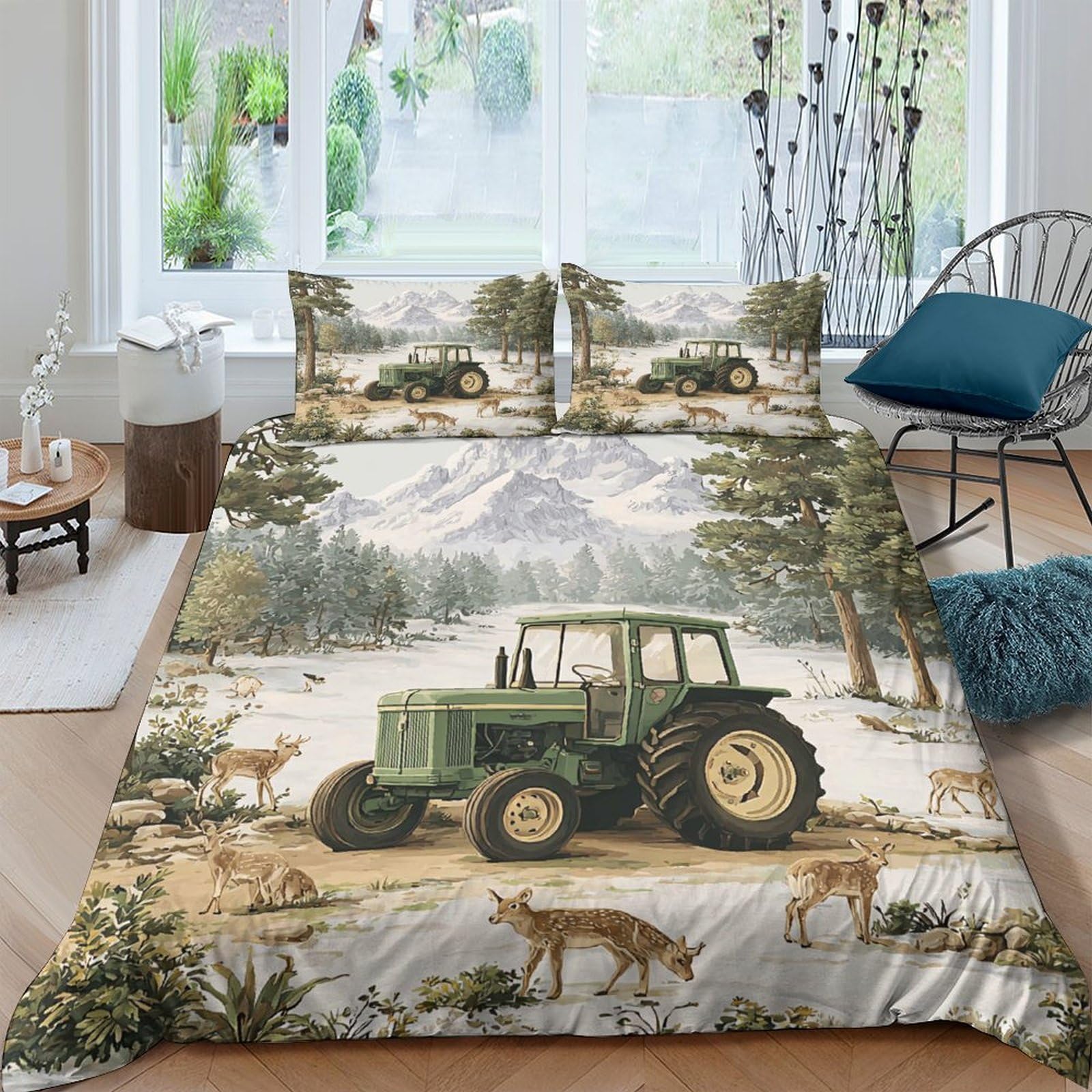 TUFRTGYHN 3D Printed Forest Tractor Duvet Cover Microfiber Soft Breathable Mountain Landscape Bedding Set with 2 Pillowcases for Bedroom Decor Single（135x200cm）
