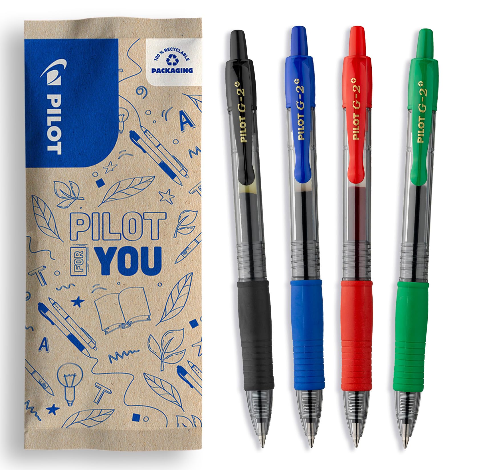 Pack of 4 G2 0,7 - Gel Ink Roller Ball Pen - Medium - Assorted Colors - Black, Blue, Red, Green