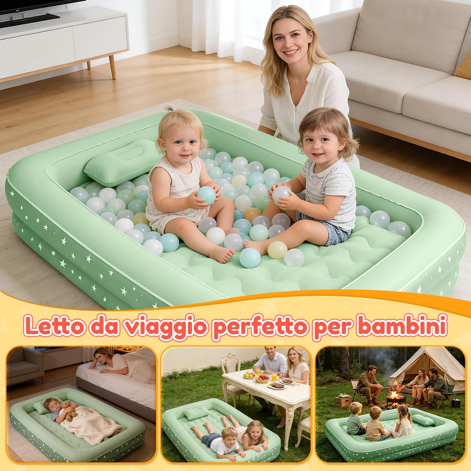 IEEILULU Materasso Gonfiabile per Bambini, Letto Gonfiabile Singolo con Pompa Elettrica, Cuscino Materasso Floccato Autogonfiabile per Campeggio o uso Domestico155x105x32 cm (Verde)