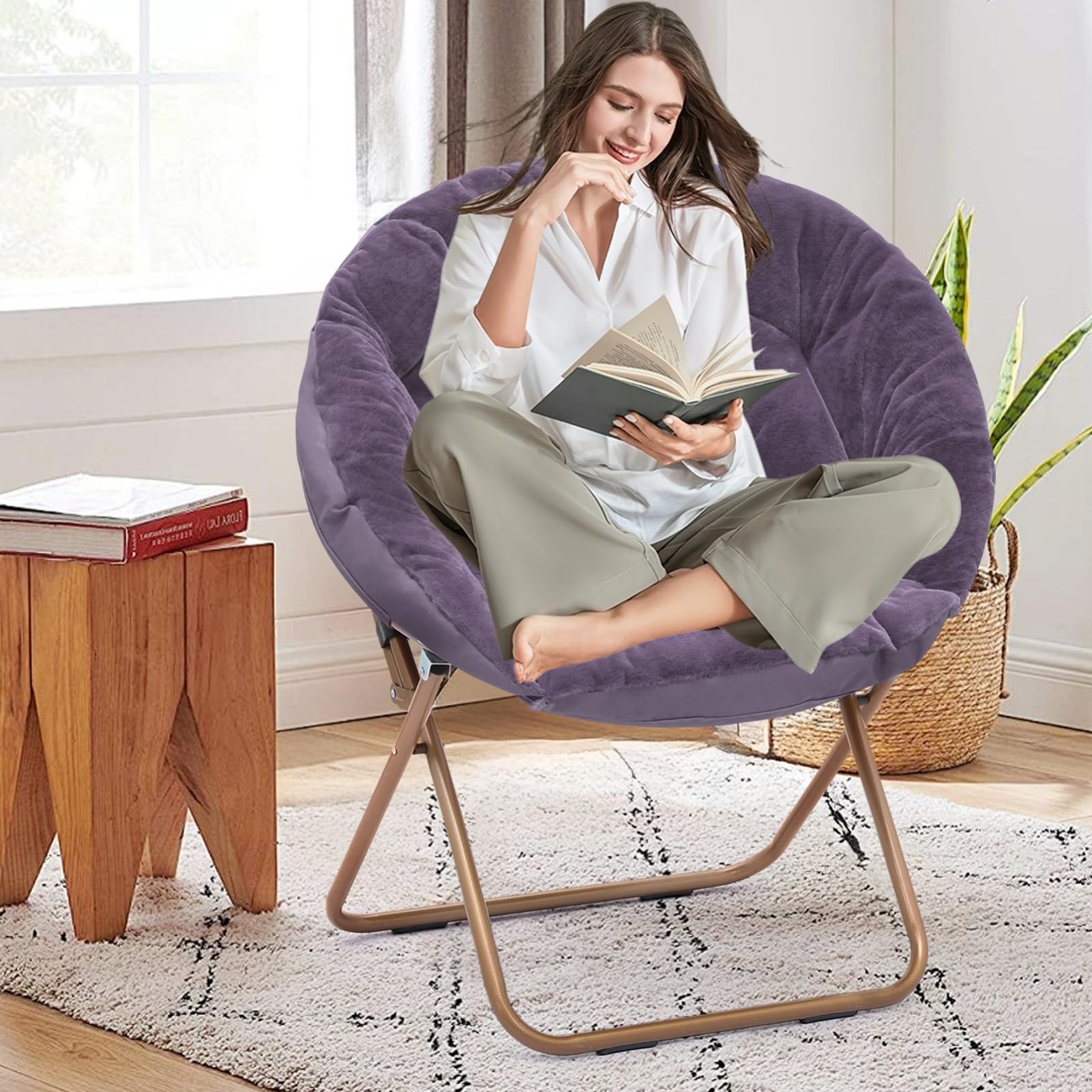 BRIGHTORIA Round Comfy Saucer Chair, Metal Frame Cozy Lounge Lazy Chair Folding Faux Fur Saucer Chair for Adults, Foldable Papasan Moon Chair for