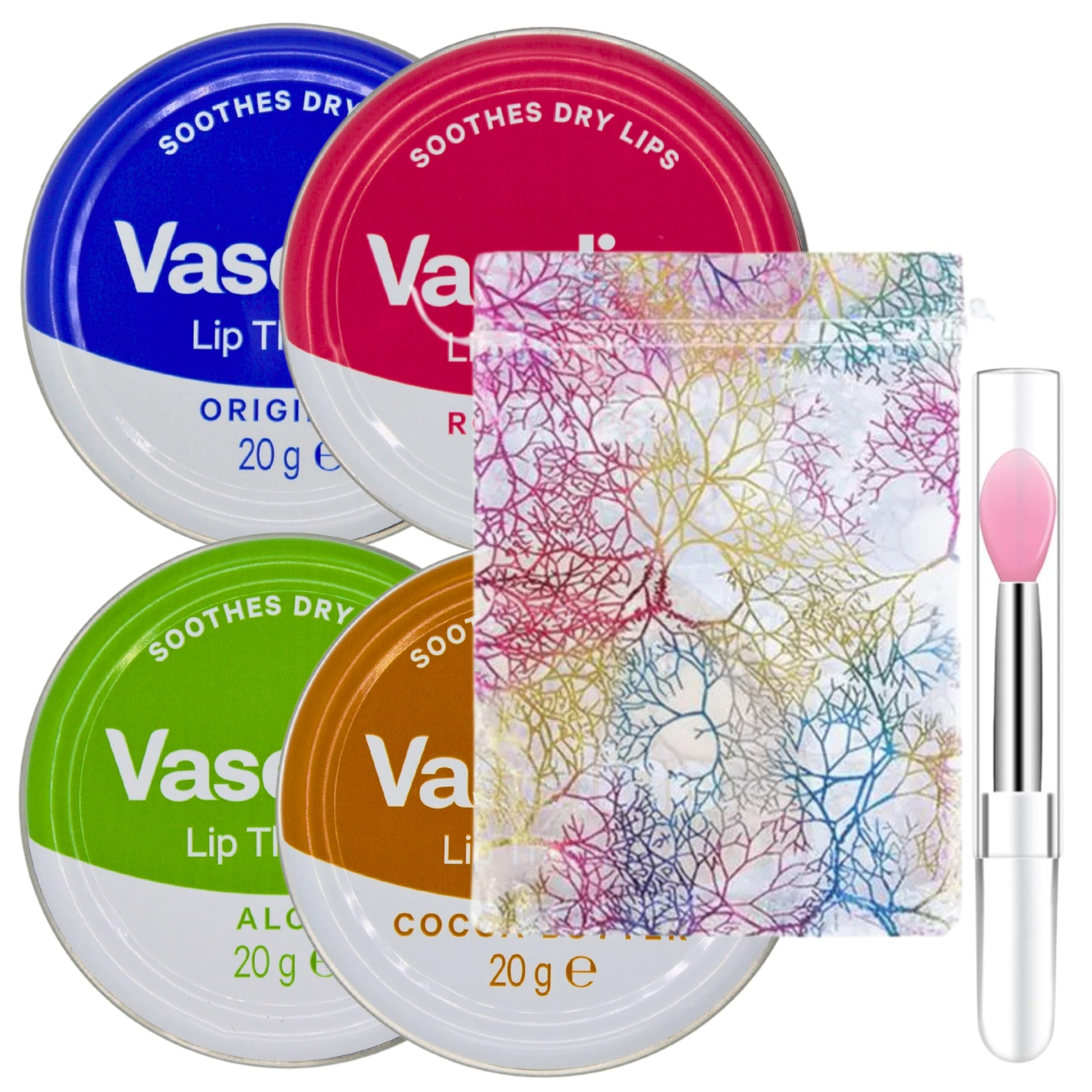 Lip Balm Set - Bundle with 4x20g Lip Balms (Rosy Lips, Cocoa Butter, Original, Aloe) and Glameno Silicone Applicator Brush in Glameno Drawstring Organza Bag