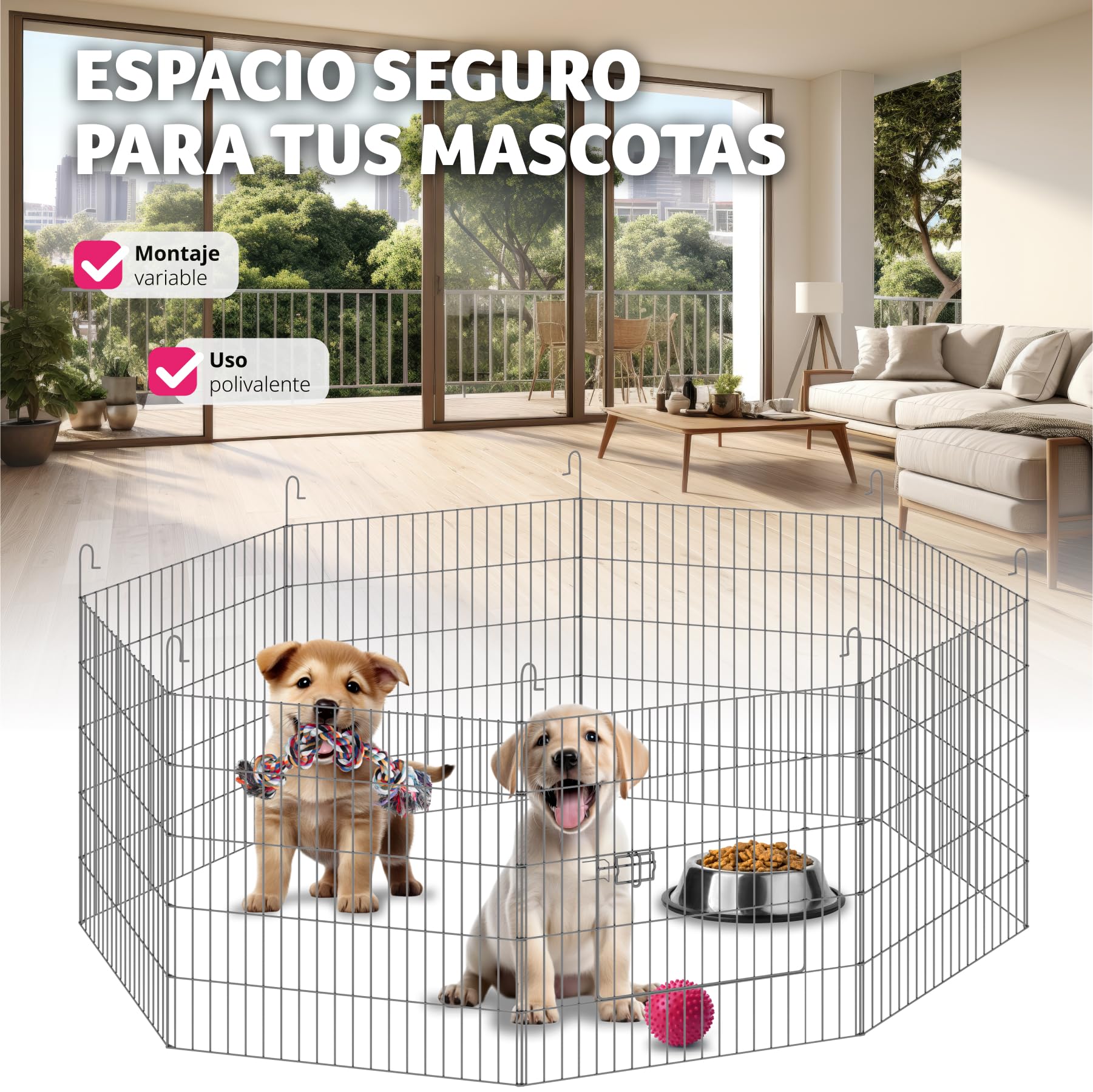 Parque para Perros con 8 Piezas de Rejilla, Puerta de Seguridad Doble Cierre, Vallas para Perros, Red de Seguridad incluida, Cercado Ampliable - 145 x 145 x 73 cm