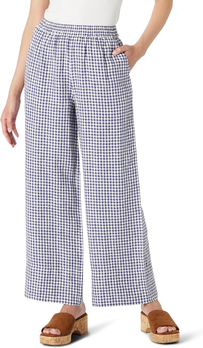 The Drop Women's Bonni Pull On Linen Pant, Skipper Blue Gingham, L