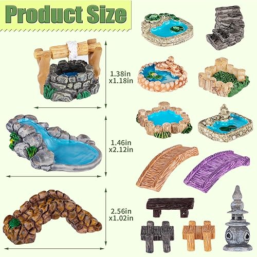 Miniatura 6 de 15 piezas de accesorios de jardín de hadas en miniatura, mini figuras de puente de pozo de agua de faro, macetas de estanque en miniatura,