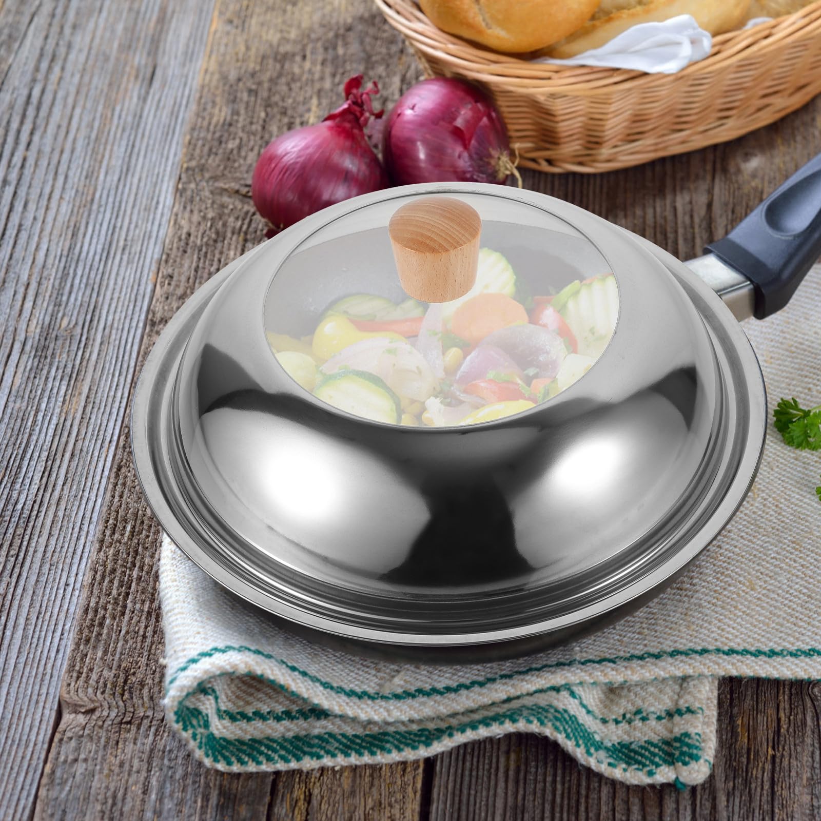 SOLUSTRE Coperchio in Vetro Temperato e Inossidabile per Pentola con Manico in Legno, Sigillatura Stretta e Multiuso per Cucina Cottura Vari