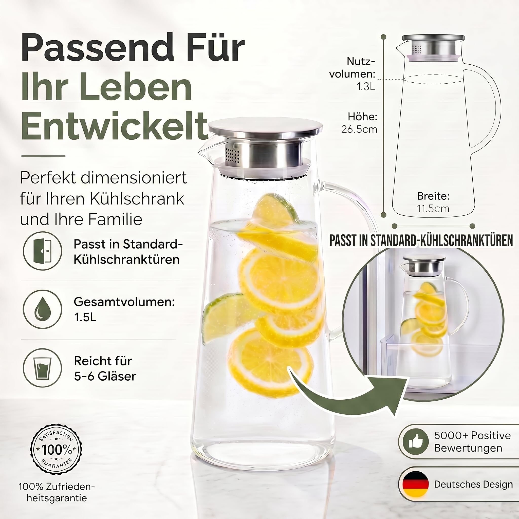 Wasserkrug Wasserkanne Krug 1,5 Liter, Glaskrug mit Filter und Deckel aus Edelstahl Getränkekaraffe für heißes u. kaltes Wasser Eistee Kaffee Milch Saft Glaskaraffe mit Griff