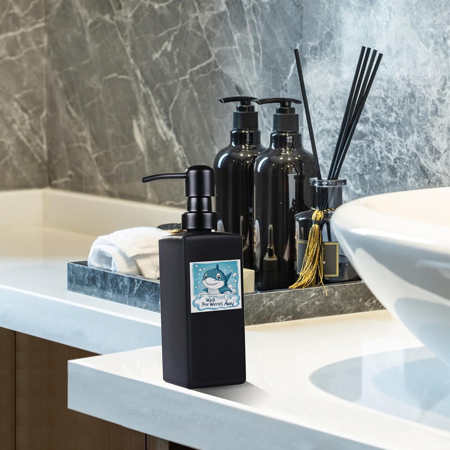 Soap Dispenser Bathroom, JINLIFA 12oz Black Glass Refillable Liquid Hand Dish Soap Dispenser (5 Labels) - Image 7