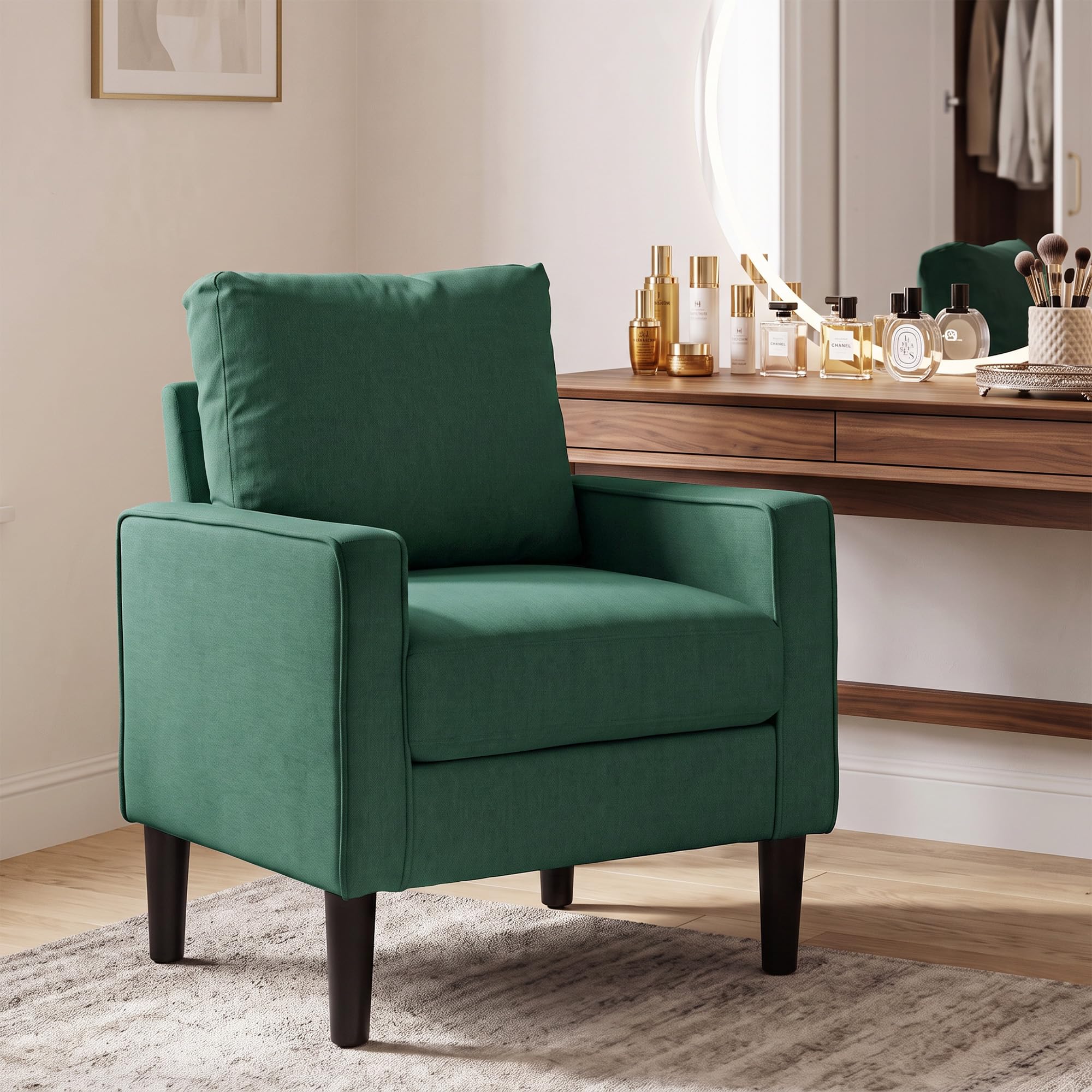 HOMCOM Armchair with Removable Pillow, Comfy Spring Cushion, Dark Green | Linen Accent Chair, Reading Lounge, Living Room, Bedroom, Study