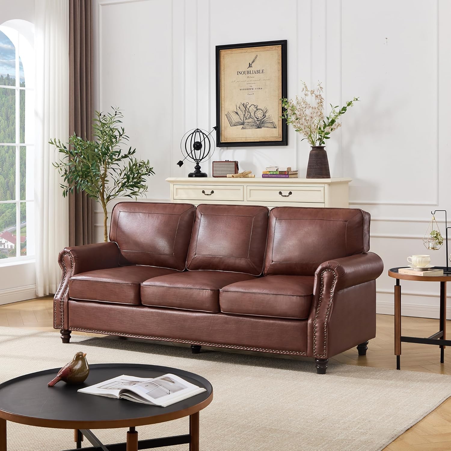 Kingfun Mid-Century Modern Couch, Faux Leather Sofa, 3