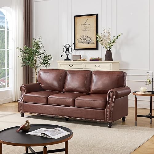 Kingfun Mid-Century Modern Couch, Faux Leather Sofa, 3 Seater Couch