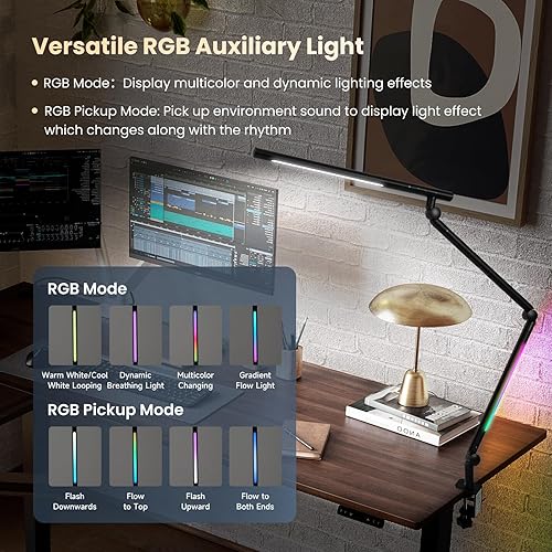 Miniatura 6 de Pak Lámpara de escritorio LED con abrazadera, luz de escritorio de arquitecto de doble luz de 18 W, interruptor de sensor de luz RGB con brazo