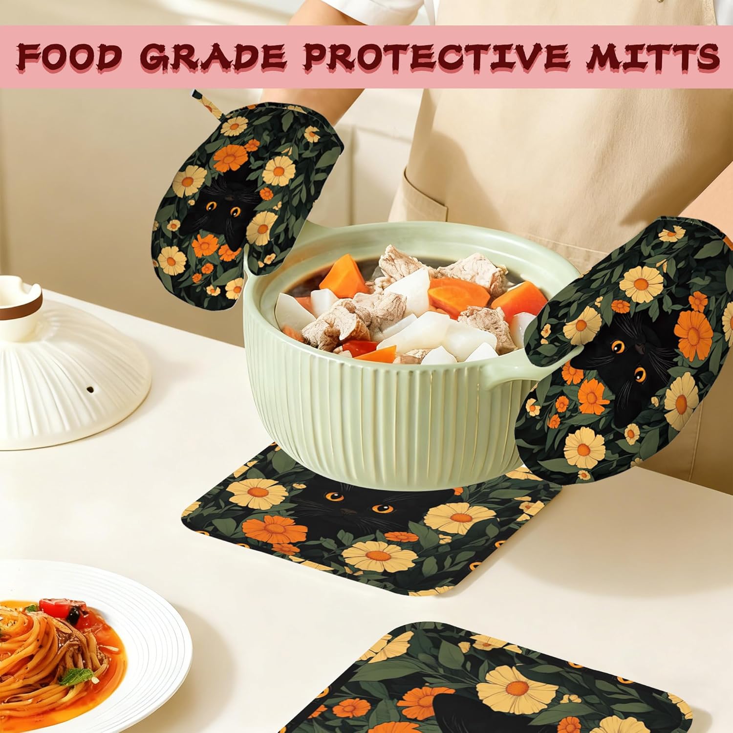 Black Cat Flowers Heat-Resistant Silicone Oven Mitts and Pot Holder 4 Piece Set,Non-Slip Kitchen Oven Gloves for Baking, BBQ, Cooking,Grilling