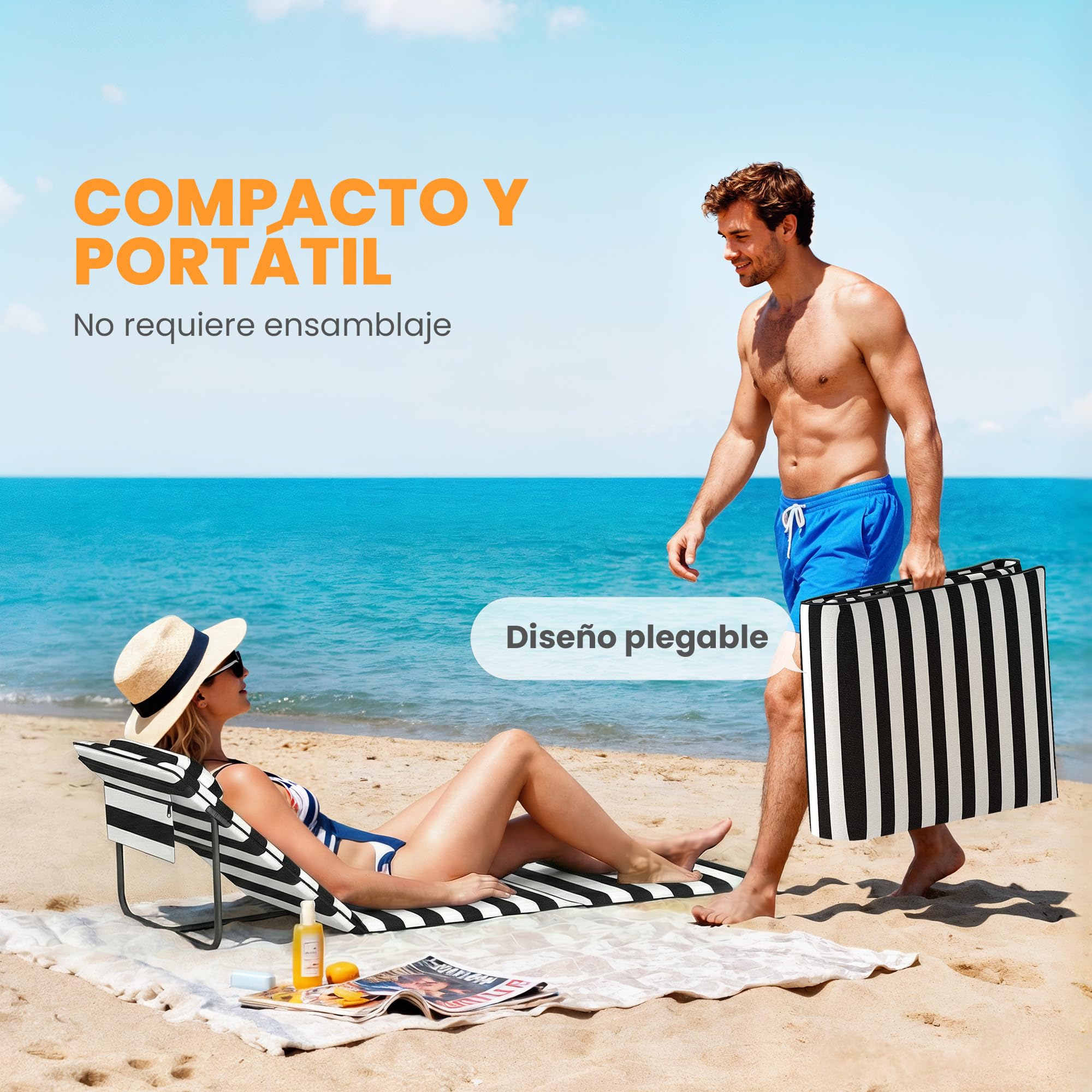 Outsunny Conjunto de 2 Esterillas de Playa Plegable, Esteras Portátil con Respaldo Ajustable, Reposacabezas Acolchado Tela Oxford 600D y Estructura de Metal, para Jardín, 150x50x2 cm, Gris y Blanco