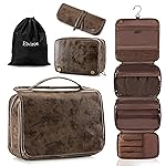 Elviros Hanging Toiletry Bag Removable Travel Bag PU leather Makeup Cosmetic Organizer Kit, Coffee