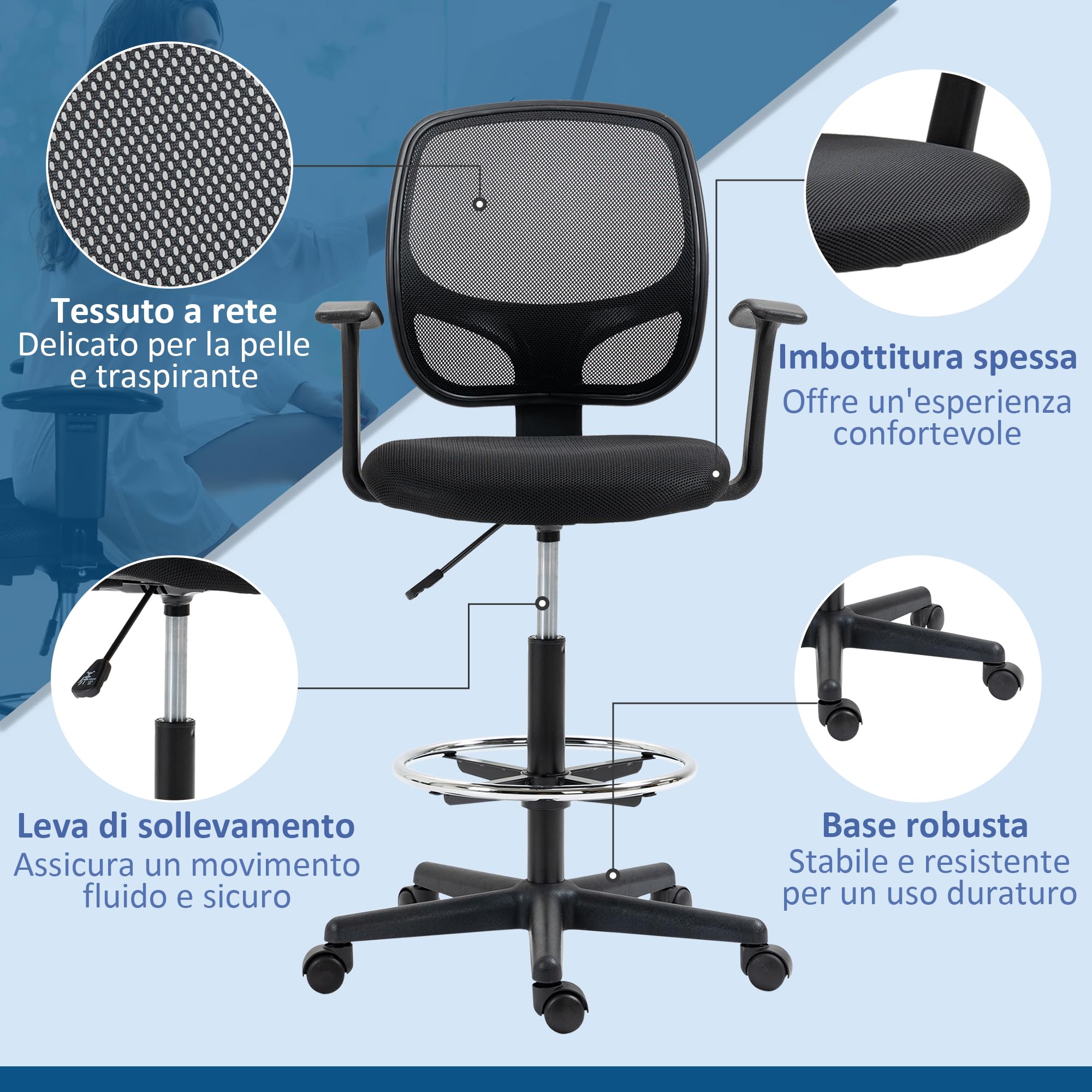 Vinsetto Sedia Ufficio ad Altezza Regolabile con Poggiapiedi Nero | Sedia Ergonomica, Ruote Girevoli, Braccioli, Seduta Imbottita in Gommapiuma, 64x57x110-132cm